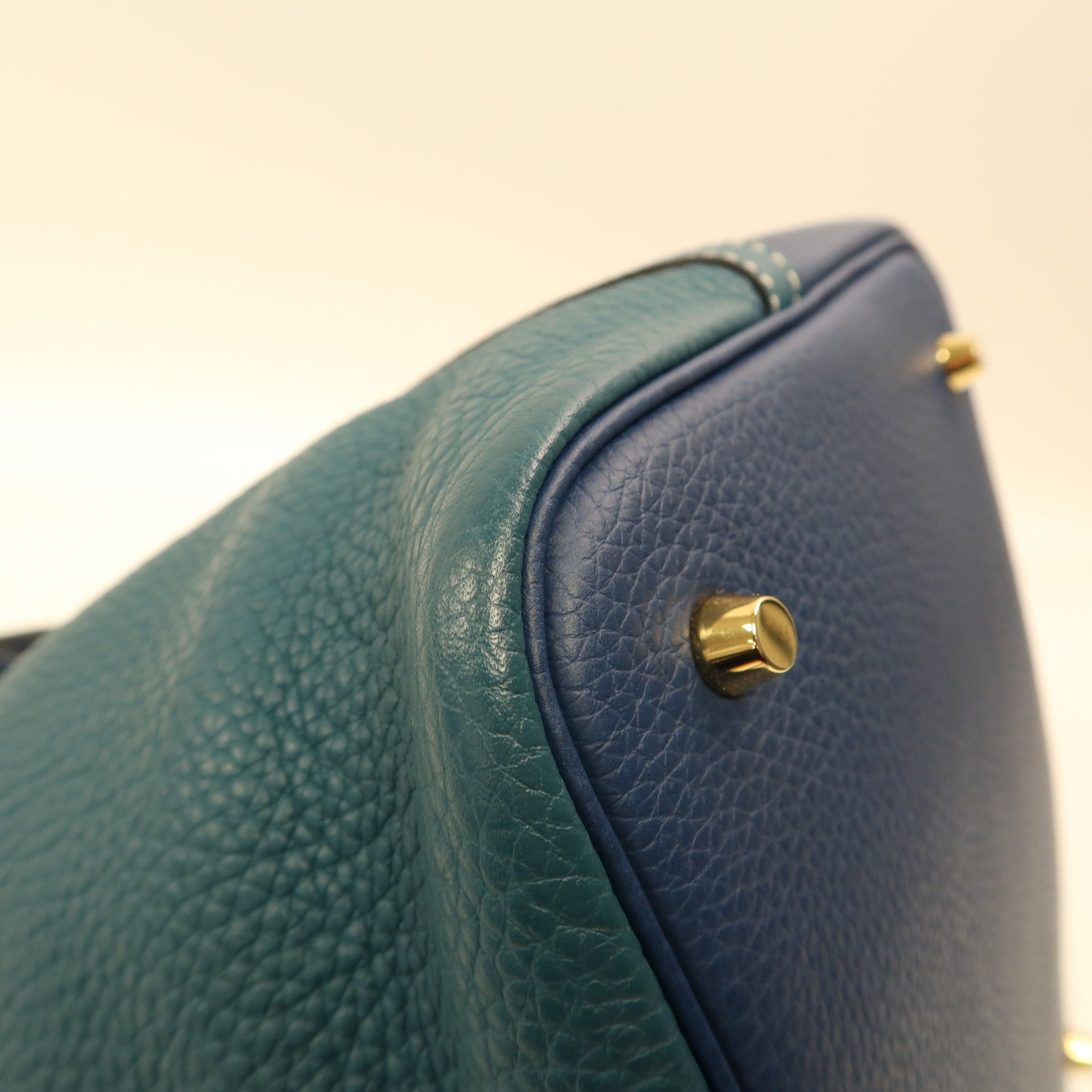 HERMES Clemence皮革Picotin MM金扣手挽袋S4 Deep Blue深邃藍/W0 Vert Bosphore博斯普魯斯綠