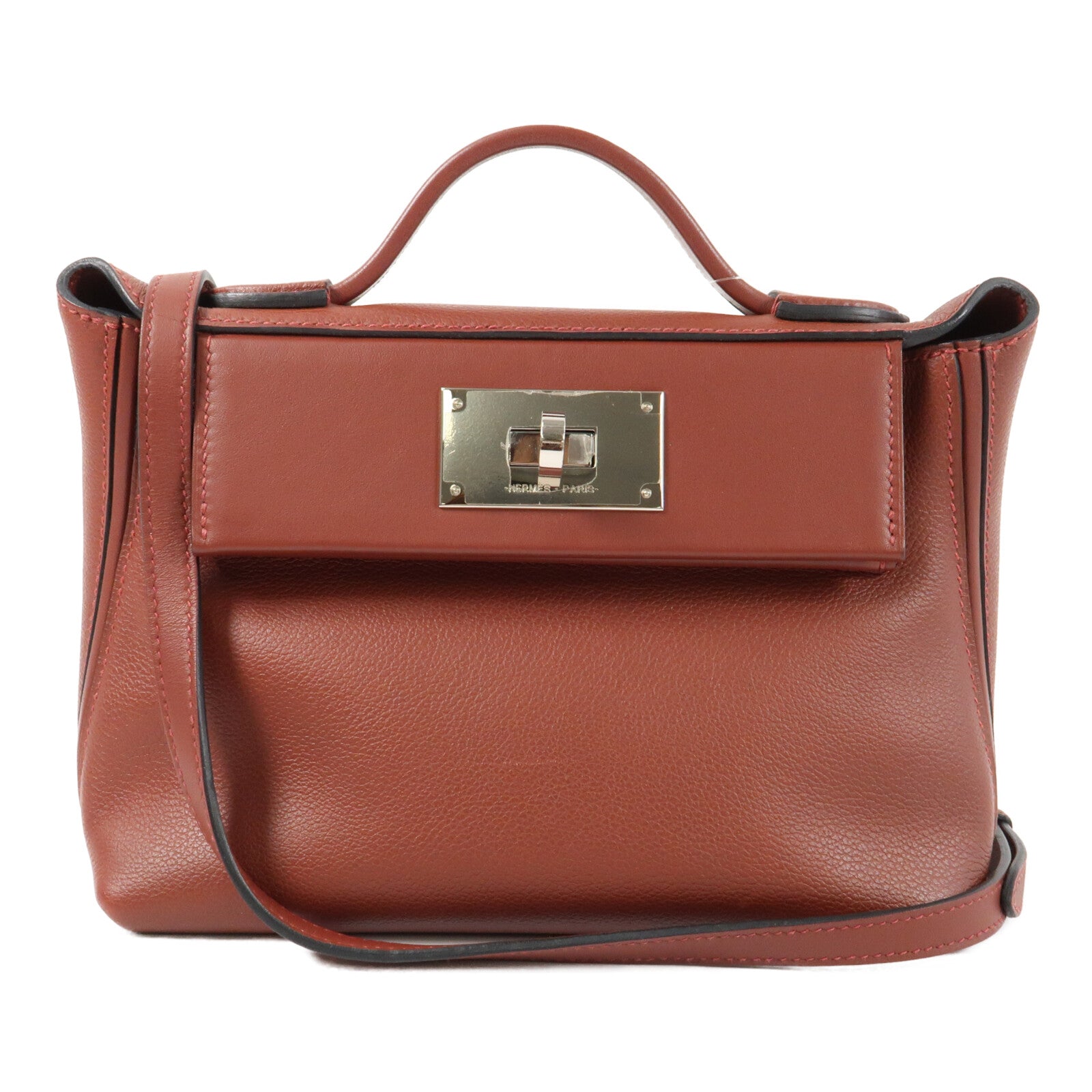 HERMES Evercolor皮革24/24 Mini銀扣手挽肩背兩用袋Rougeh
