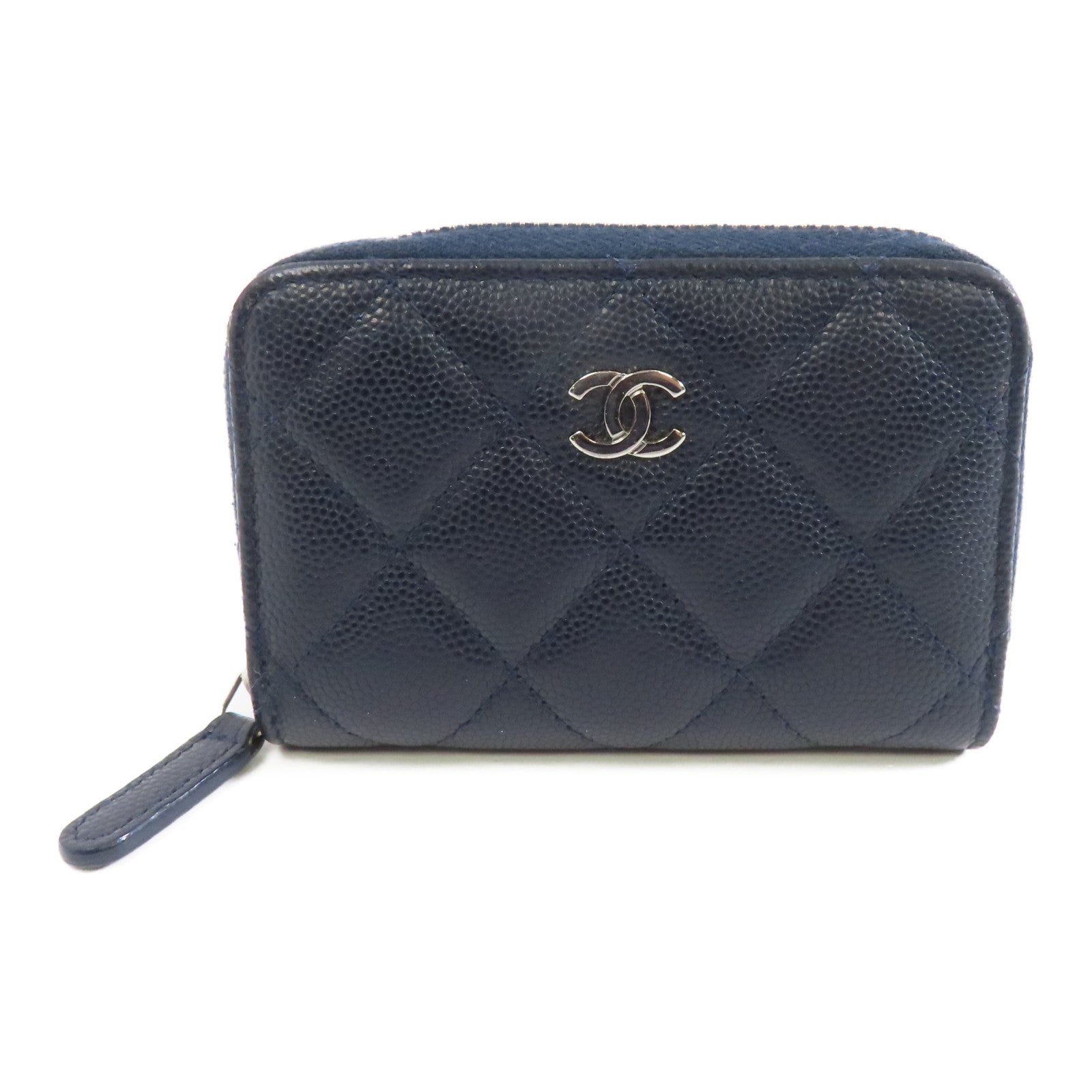CHANEL 菱格Caviar皮革Coin/Card Purse銀扣零錢包/卡片套深藍色