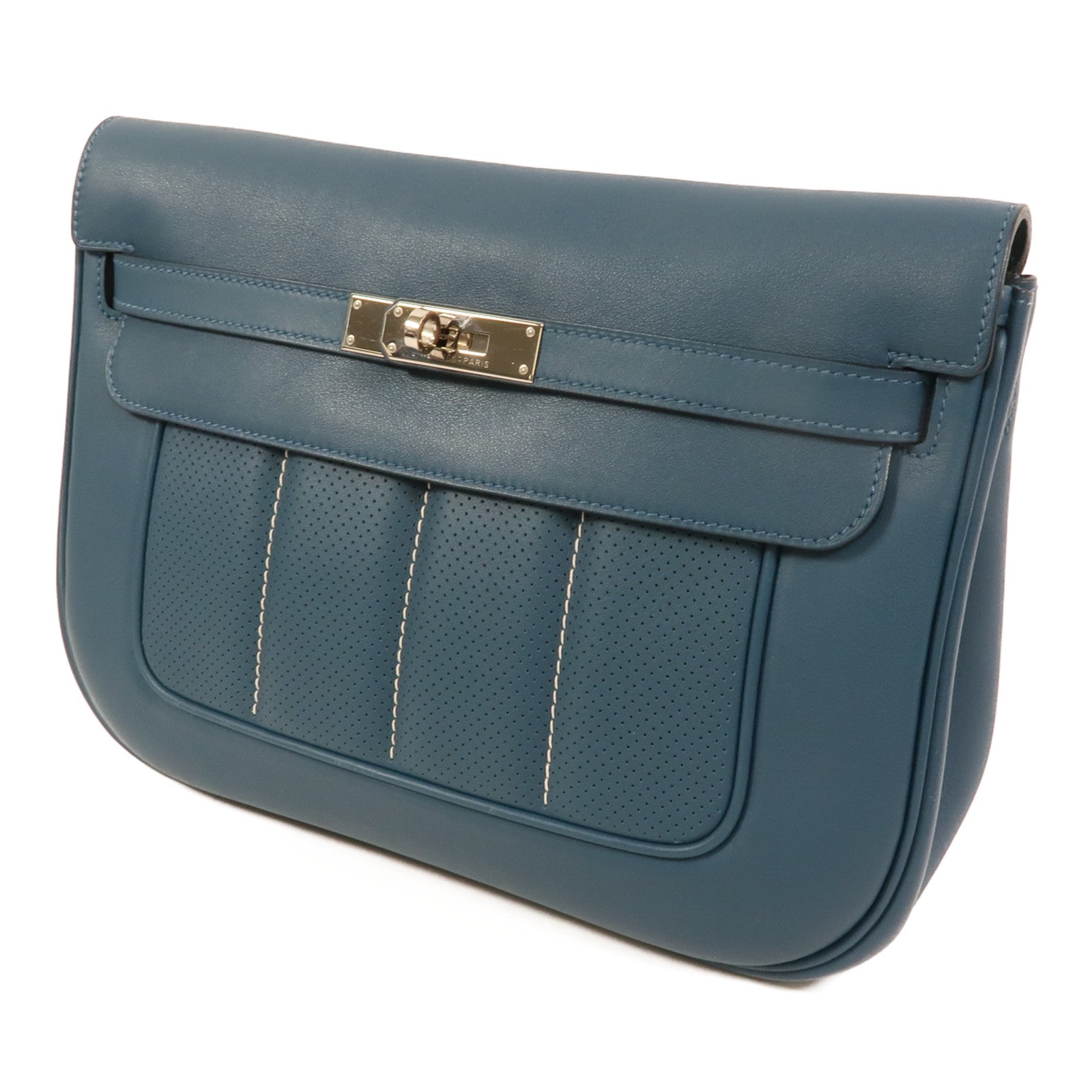 HERMES Swift皮革Berline 28銀扣肩背袋Bleu Colvert