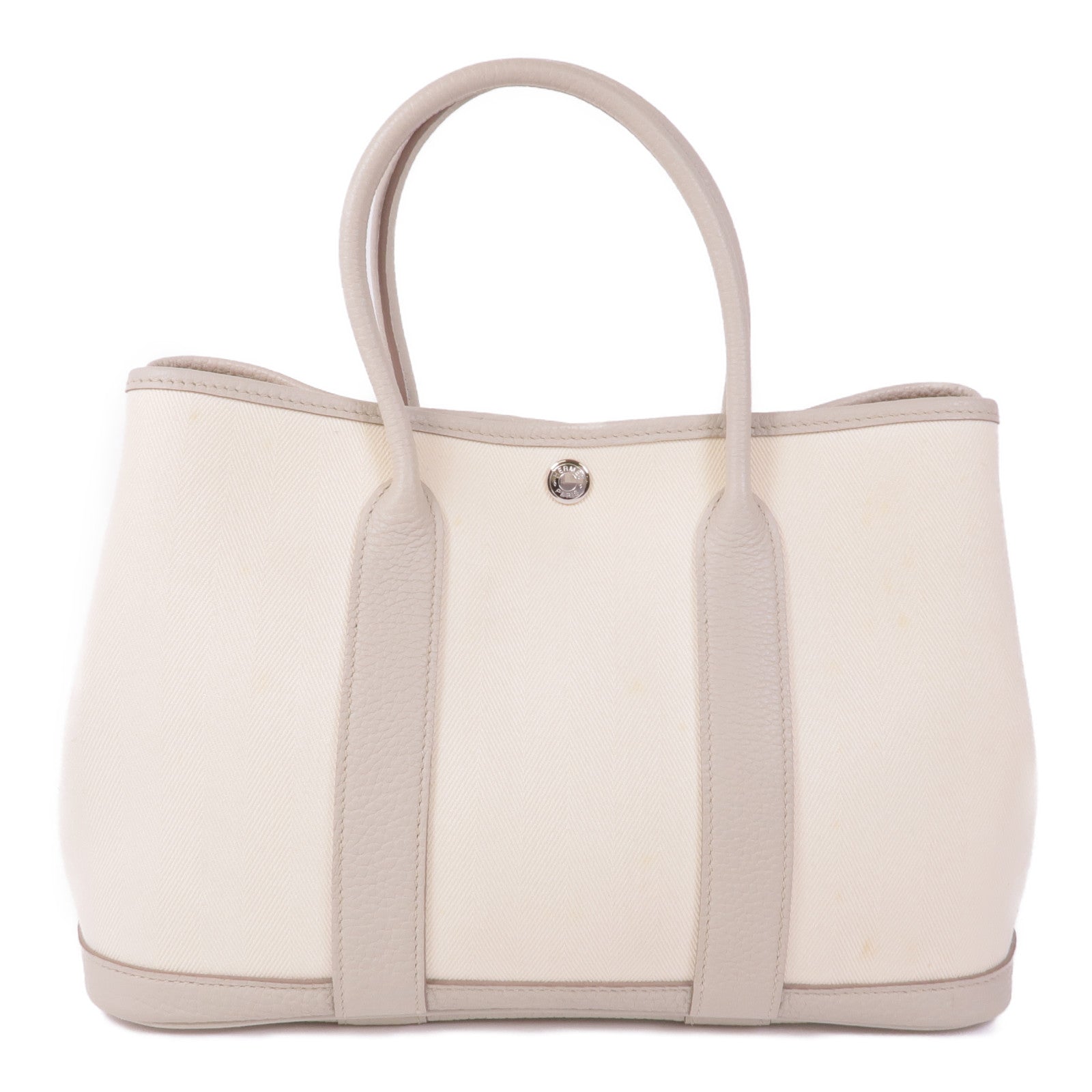 HERMES Toile Chevron帆布Garden Party TPM銀扣手挽袋Beton