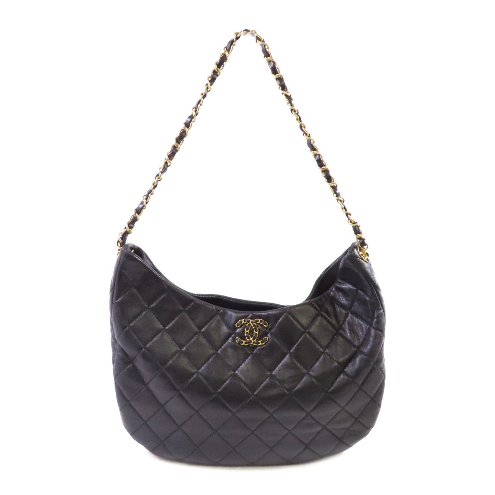 CHANEL 【激減優惠】菱格羊皮皮革Hobo Shoulder Bag金扣肩背袋黑色