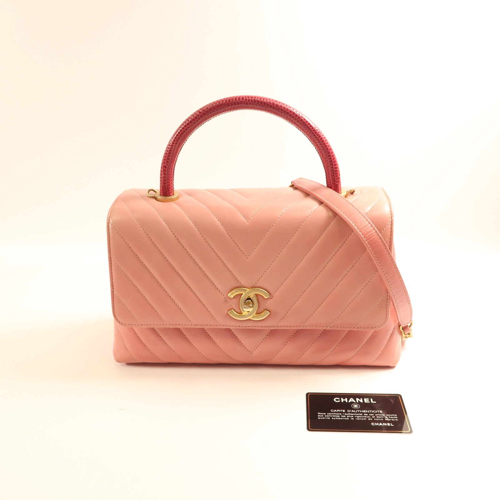 CHANEL 蜥蝪皮革/牛皮皮革Flap with Top Handle金扣手挽肩背兩用袋