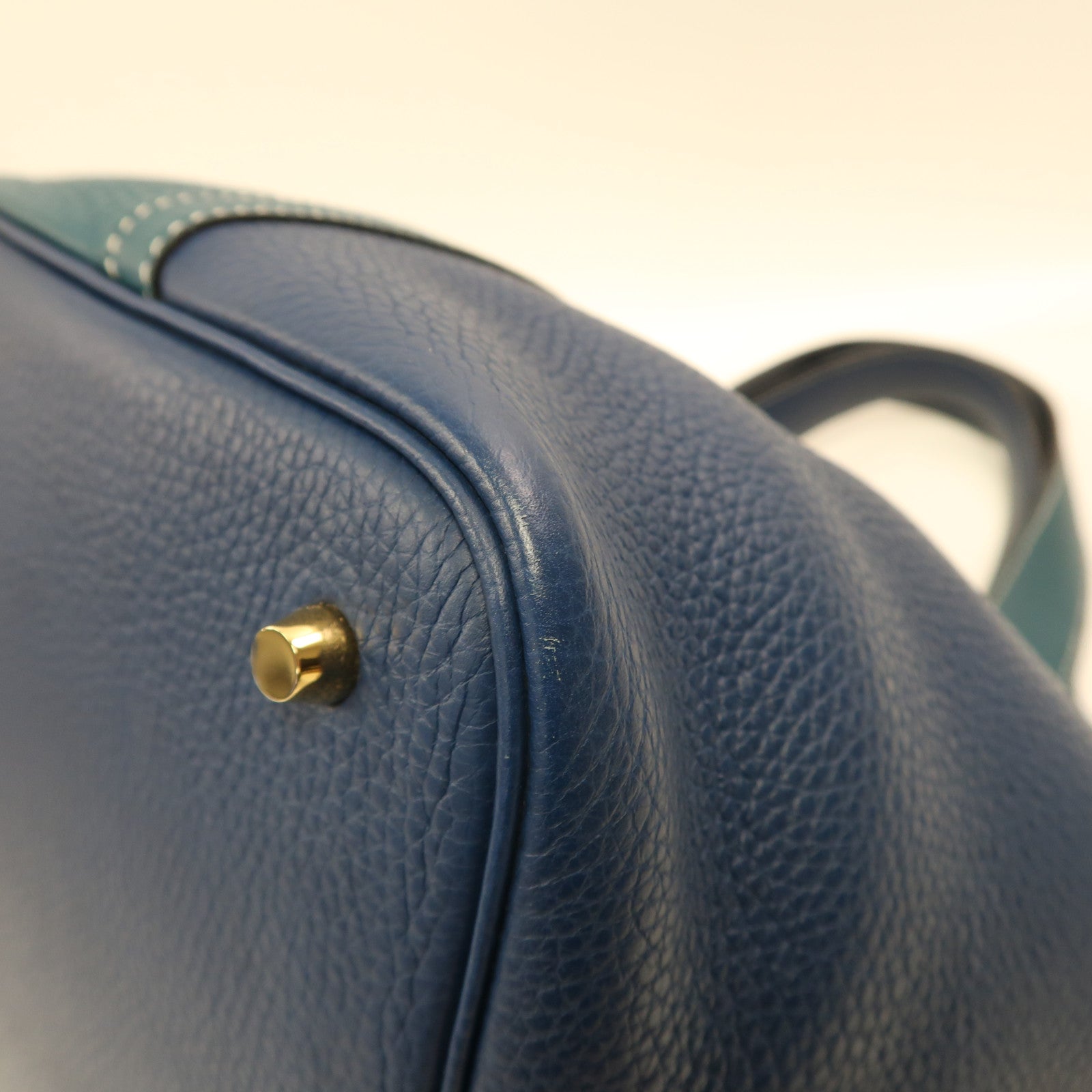 HERMES Clemence皮革Picotin MM金扣手挽袋S4 Deep Blue深邃藍/W0 Vert Bosphore博斯普魯斯綠