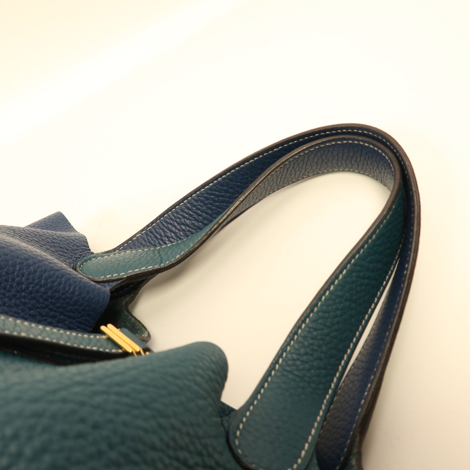 HERMES Clemence皮革Picotin MM金扣手挽袋S4 Deep Blue深邃藍/W0 Vert Bosphore博斯普魯斯綠