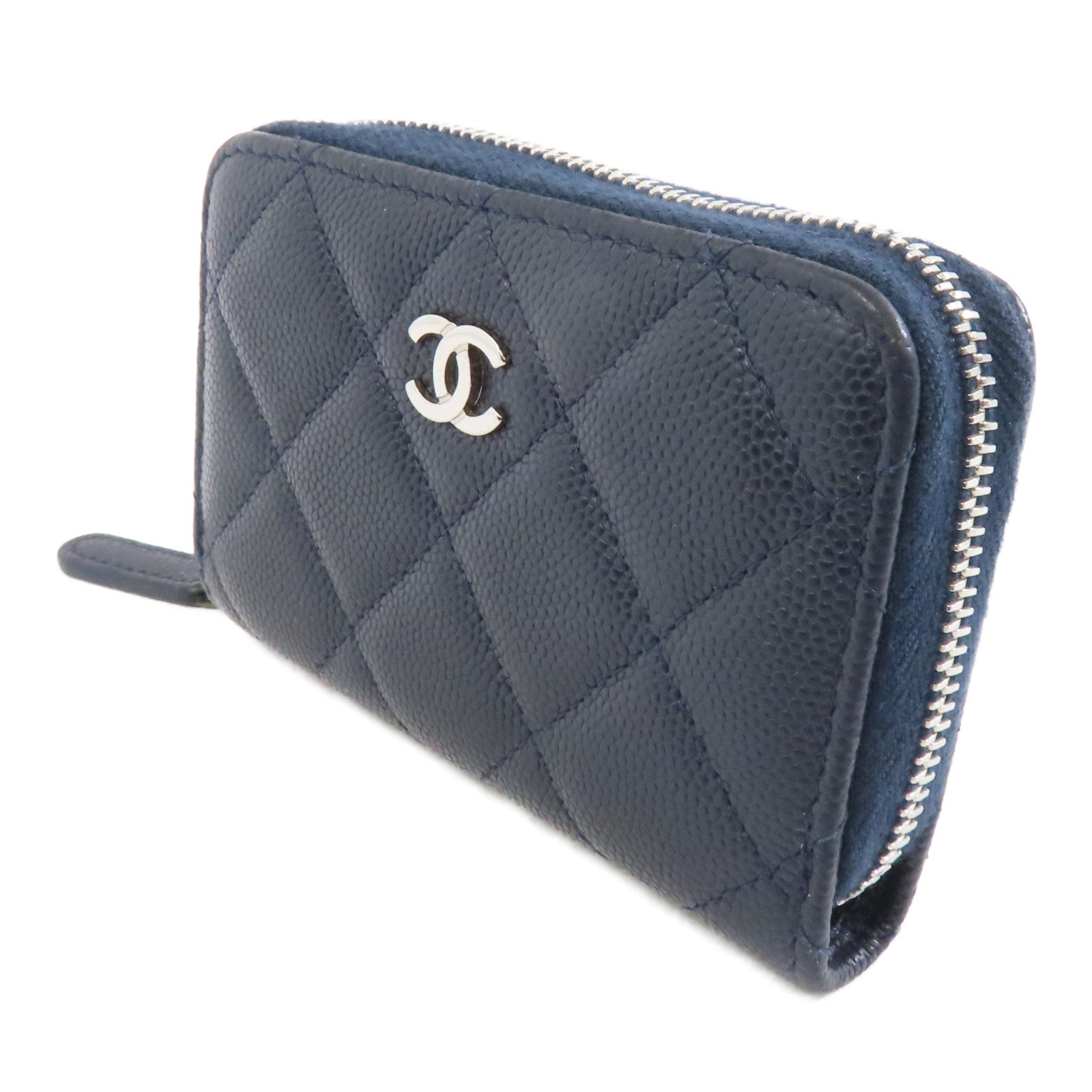 CHANEL 菱格Caviar皮革Coin/Card Purse銀扣零錢包/卡片套深藍色