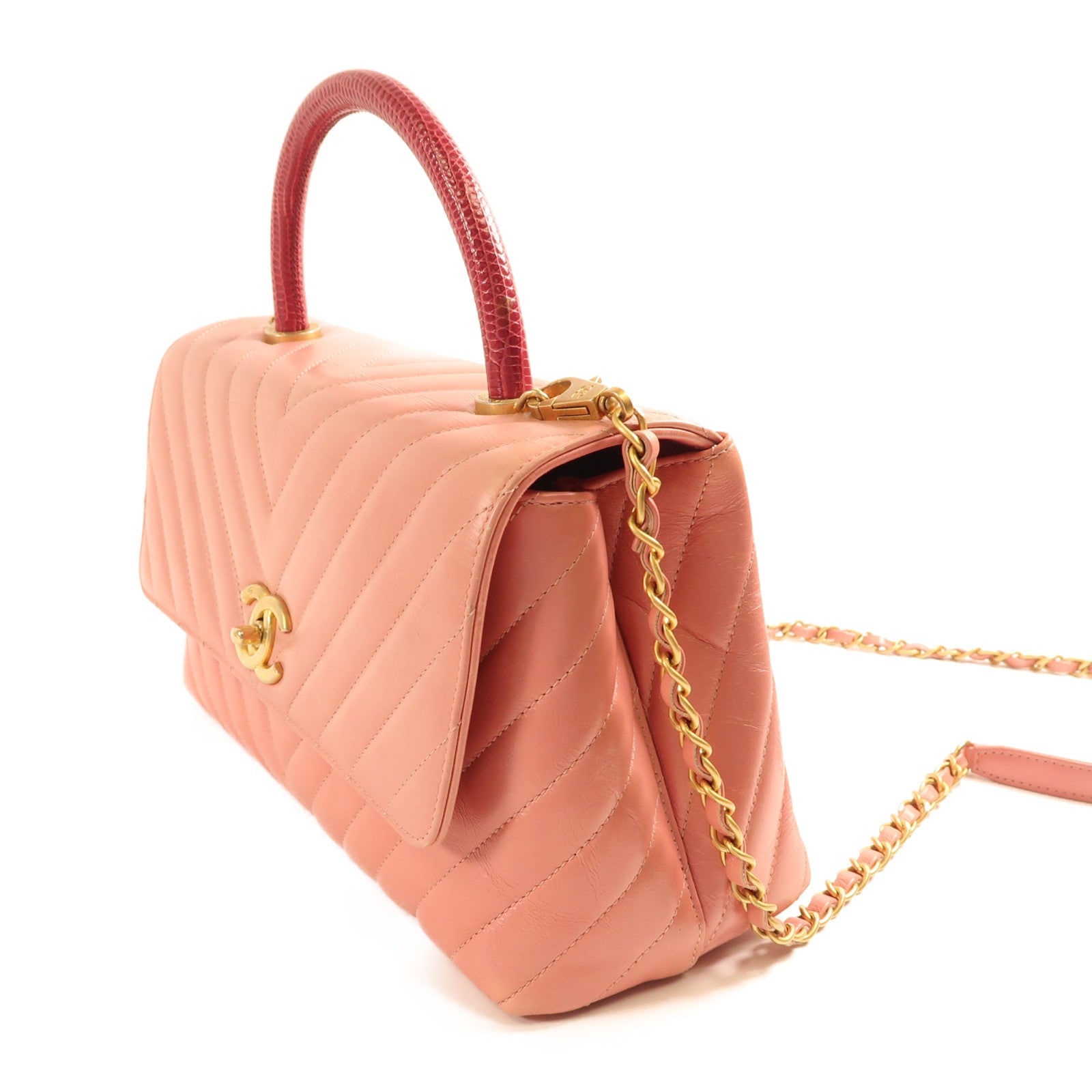 CHANEL 蜥蝪皮革/牛皮皮革Flap with Top Handle金扣手挽肩背兩用袋