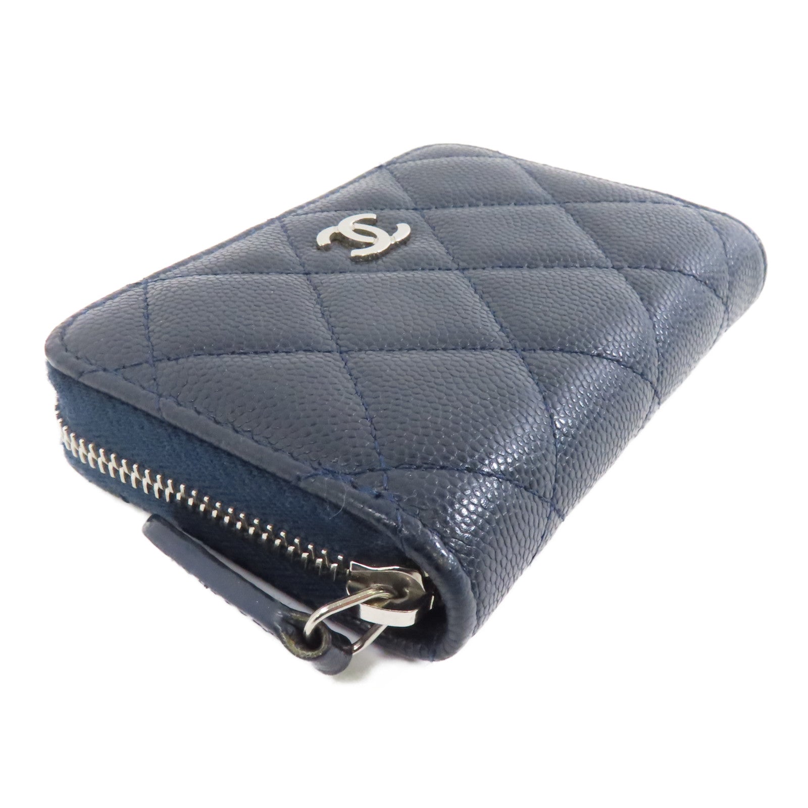 CHANEL 菱格Caviar皮革Coin/Card Purse銀扣零錢包/卡片套深藍色