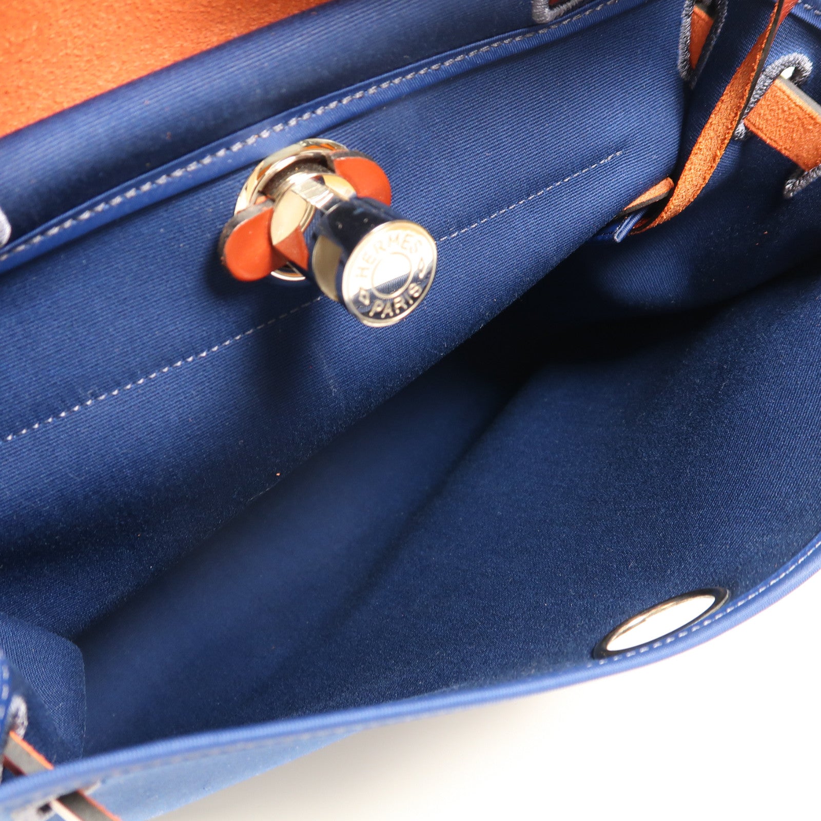 HERMES 帆布/皮革Herbag PM銀扣手挽肩背兩用袋Bleu Agate深藍色/Rouge H紅色