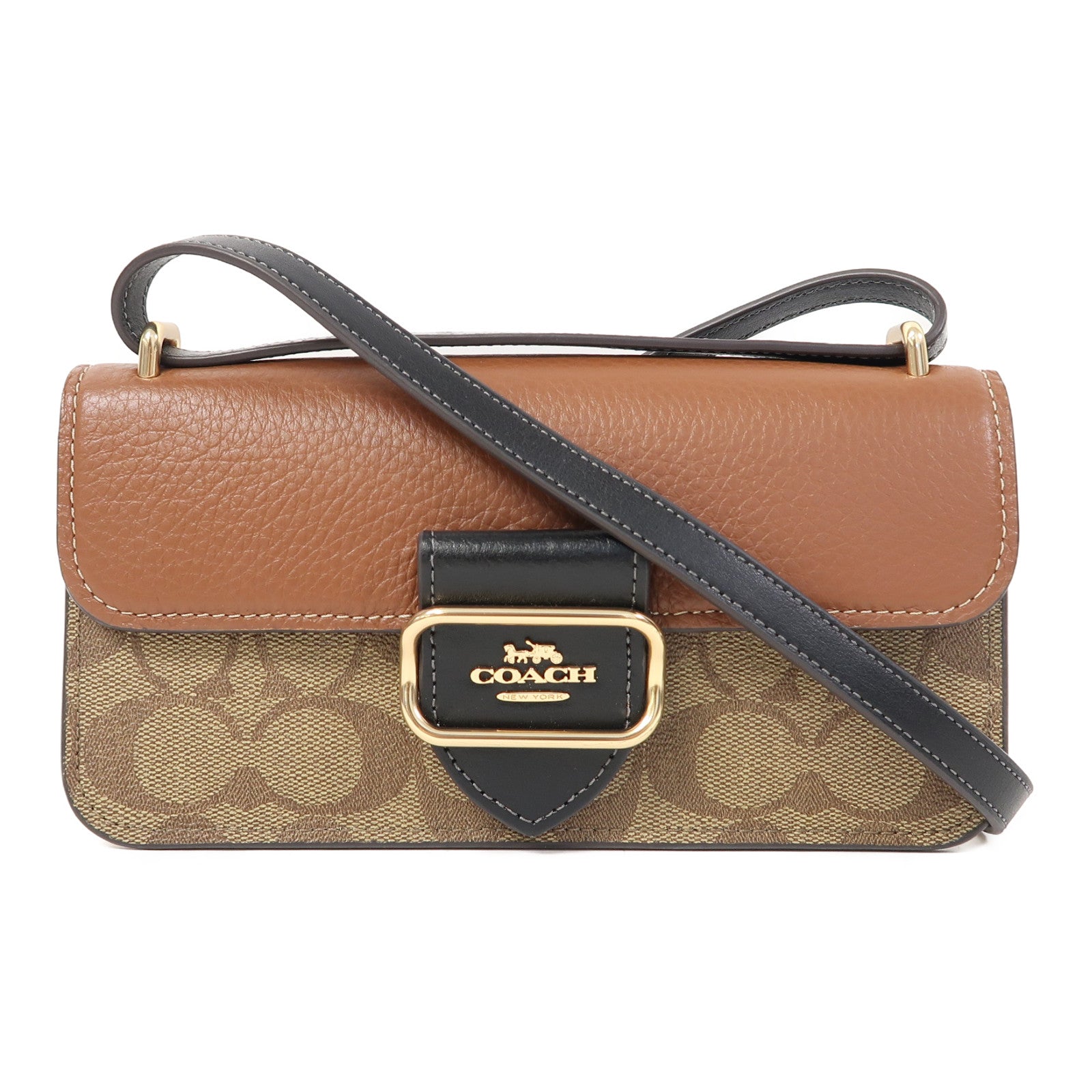COACH 塗層帆布/牛皮皮革Shoulder Bag金扣肩背袋啡色
