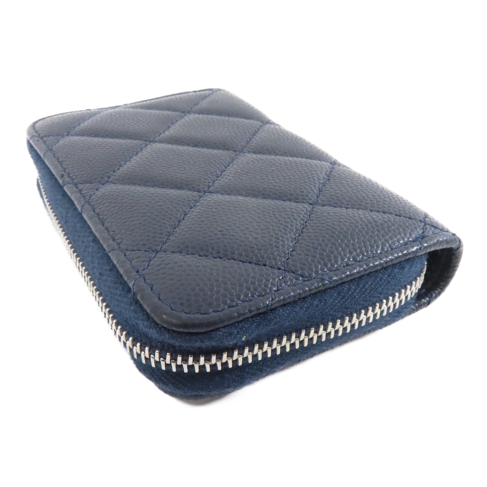 CHANEL 菱格Caviar皮革Coin/Card Purse銀扣零錢包/卡片套深藍色
