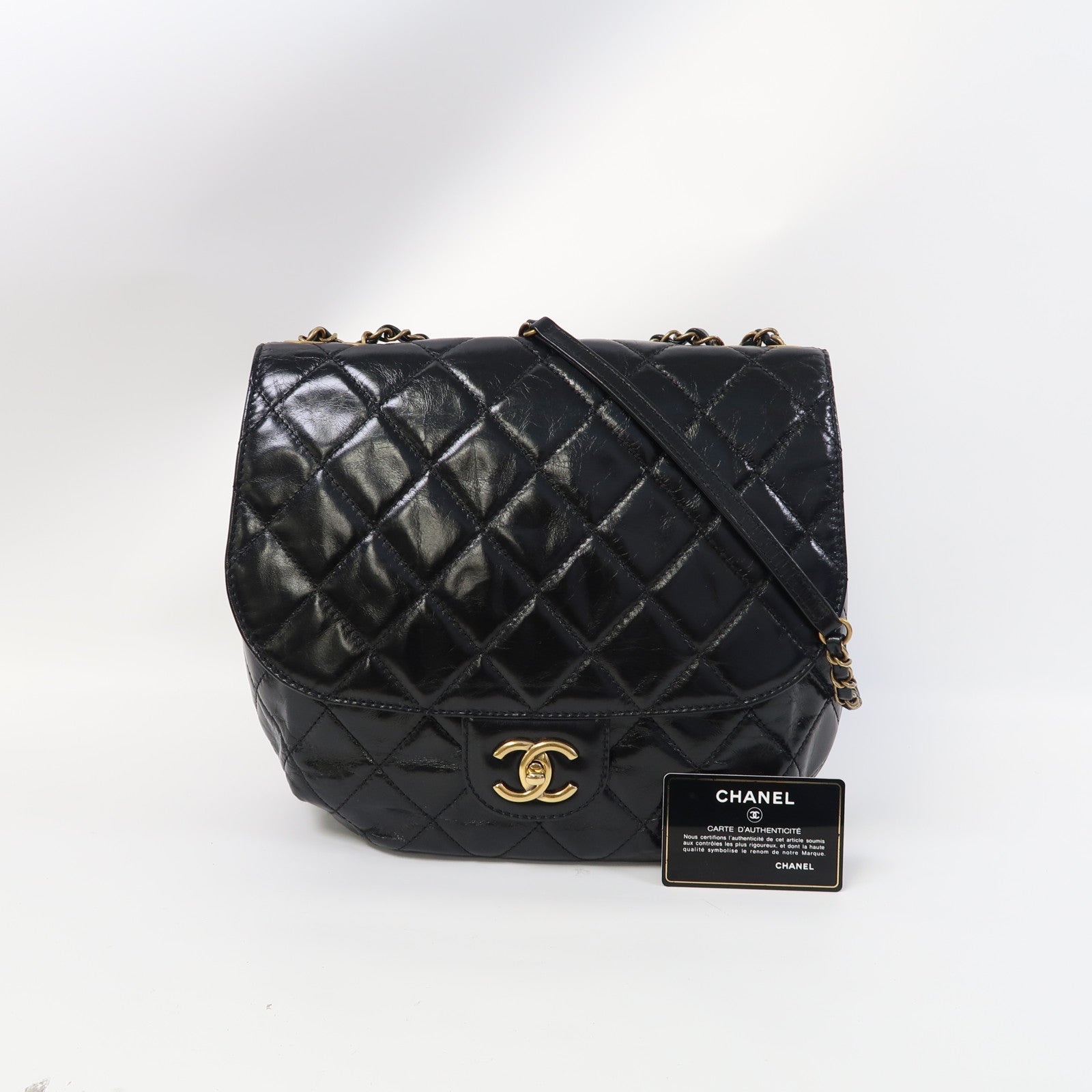 CHANEL 菱格牛皮皮革Chain Shoulder金扣鏈帶肩背袋黑色