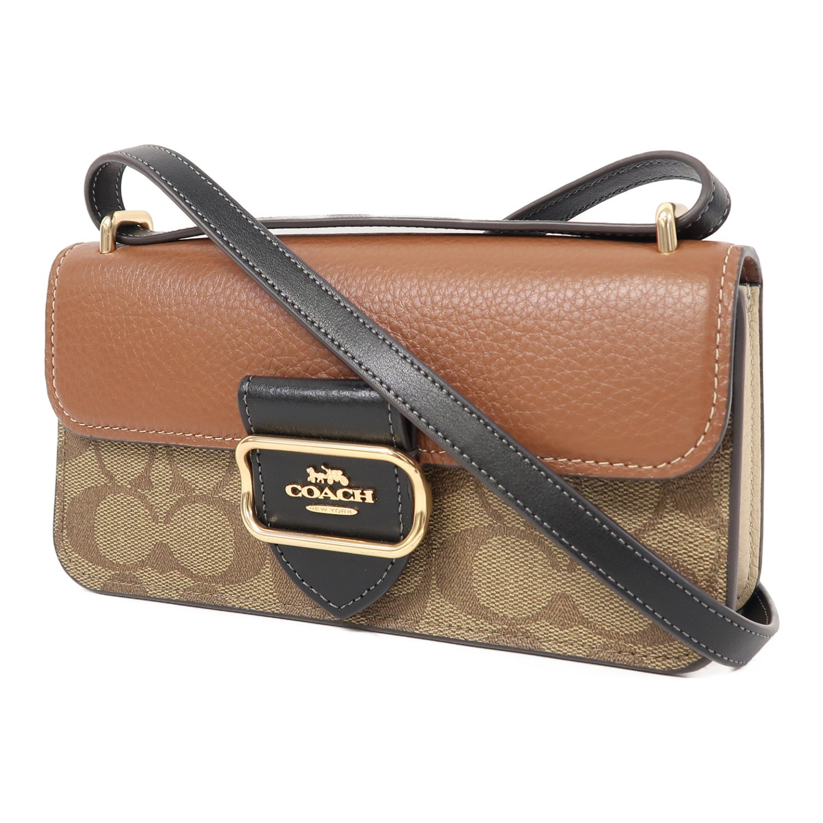 COACH 塗層帆布/牛皮皮革Shoulder Bag金扣肩背袋啡色