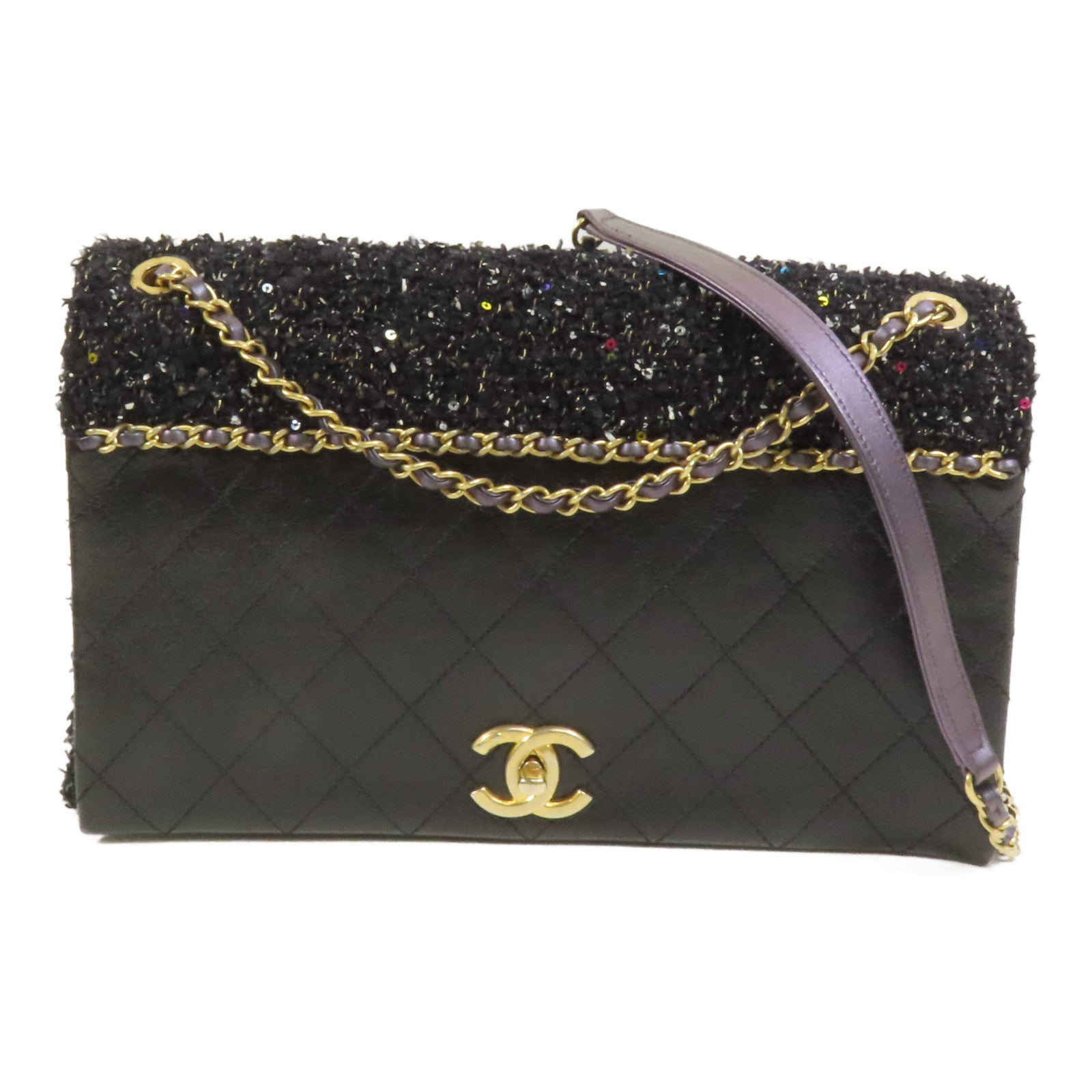 CHANEL Tweed/牛皮皮革2 Way Shoulder金扣鏈帶手挽肩背兩用袋