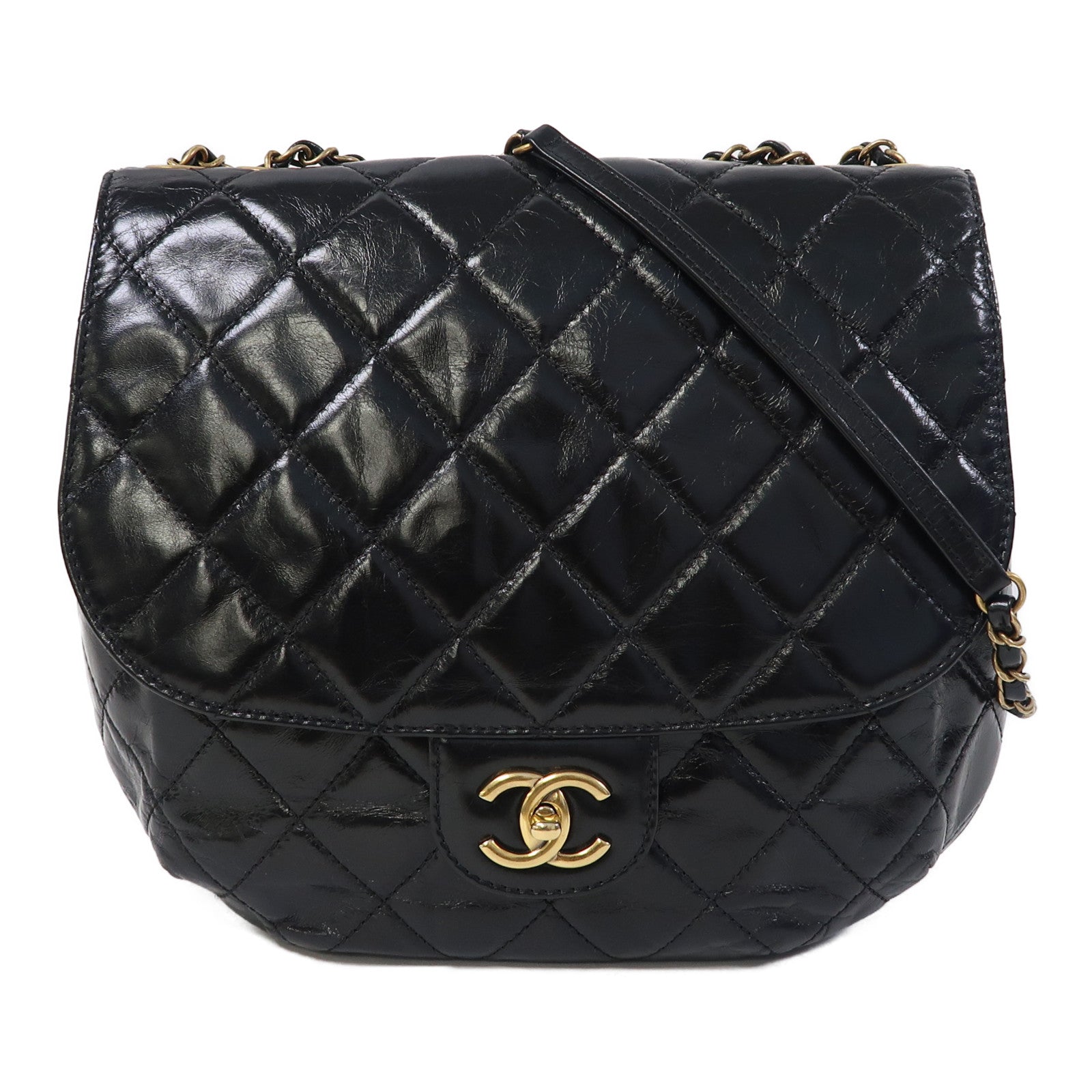 CHANEL 菱格牛皮皮革Chain Shoulder金扣鏈帶肩背袋黑色