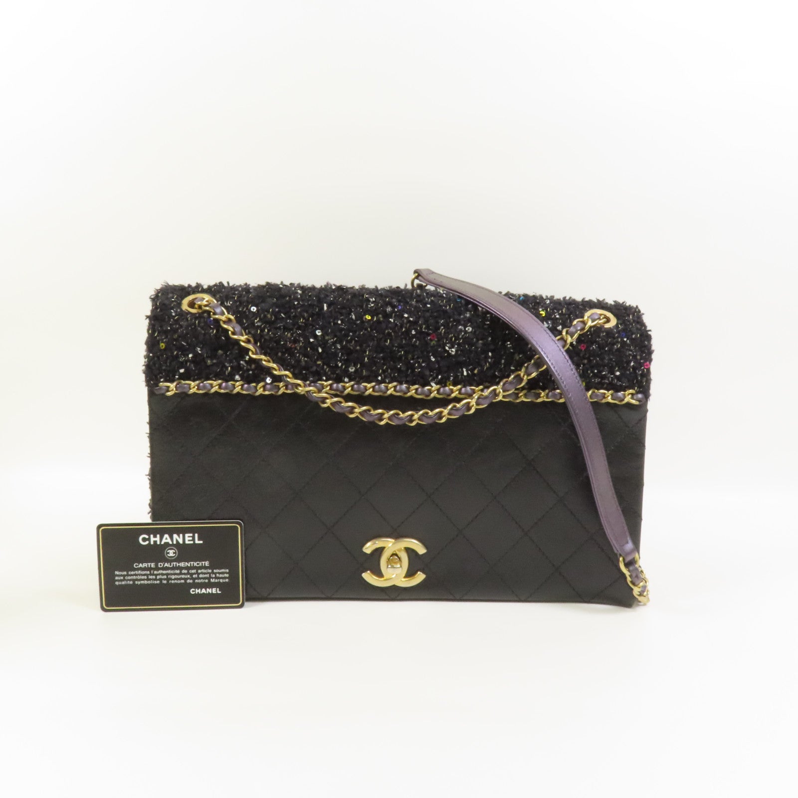 CHANEL Tweed/牛皮皮革2 Way Shoulder金扣鏈帶手挽肩背兩用袋