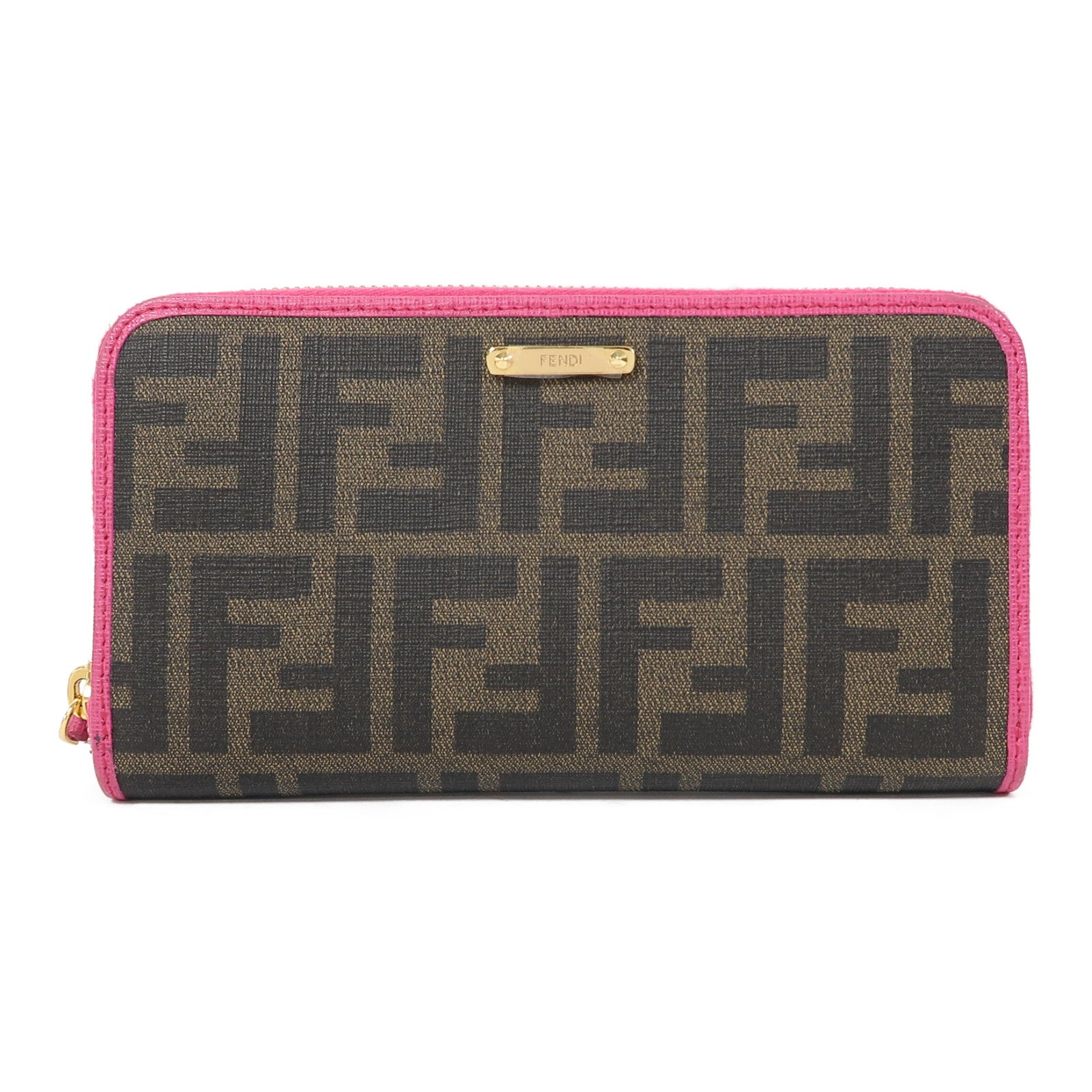 FENDI 塗層帆布Zipper Long Wallet金扣長錢包啡色/粉紅色