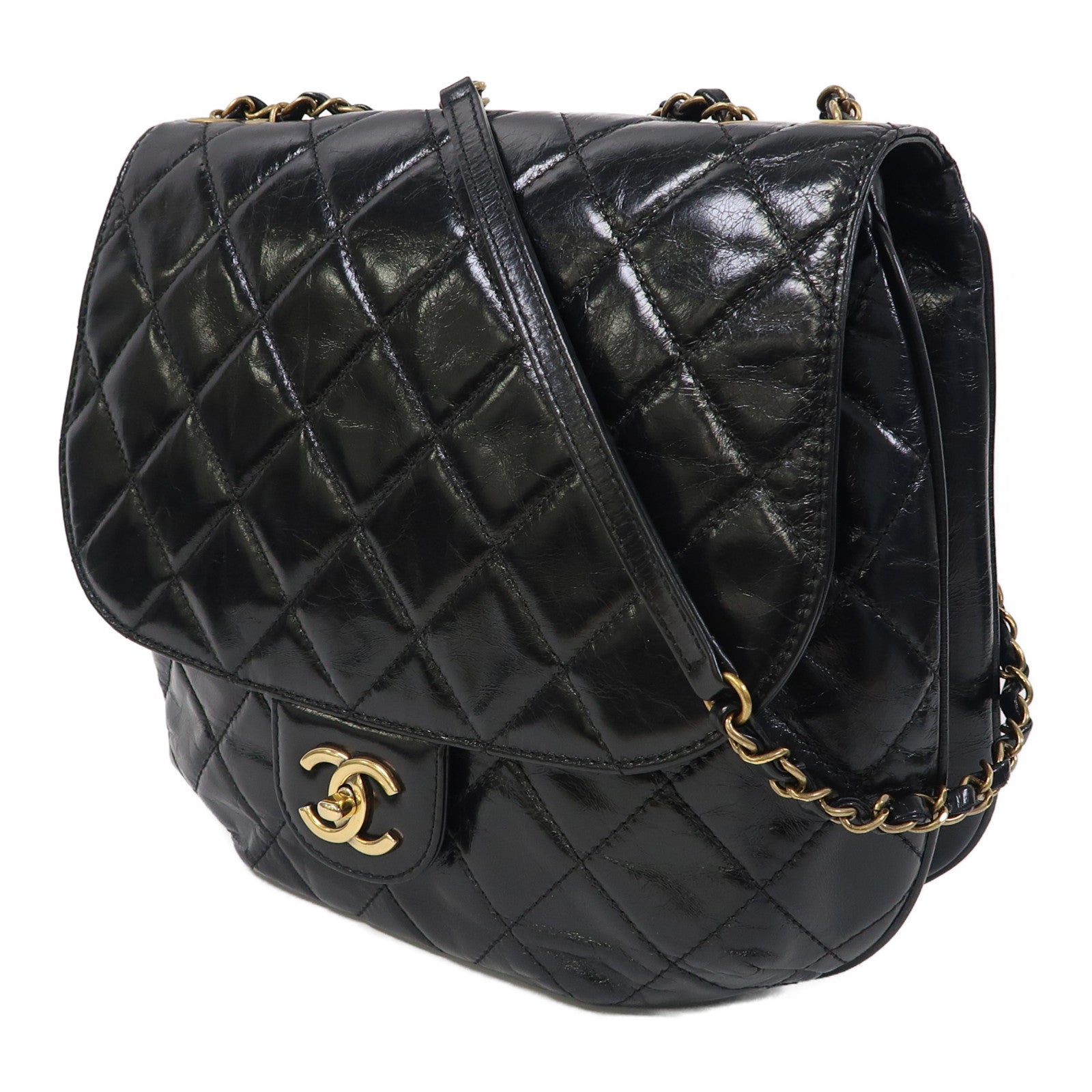 CHANEL 菱格牛皮皮革Chain Shoulder金扣鏈帶肩背袋黑色