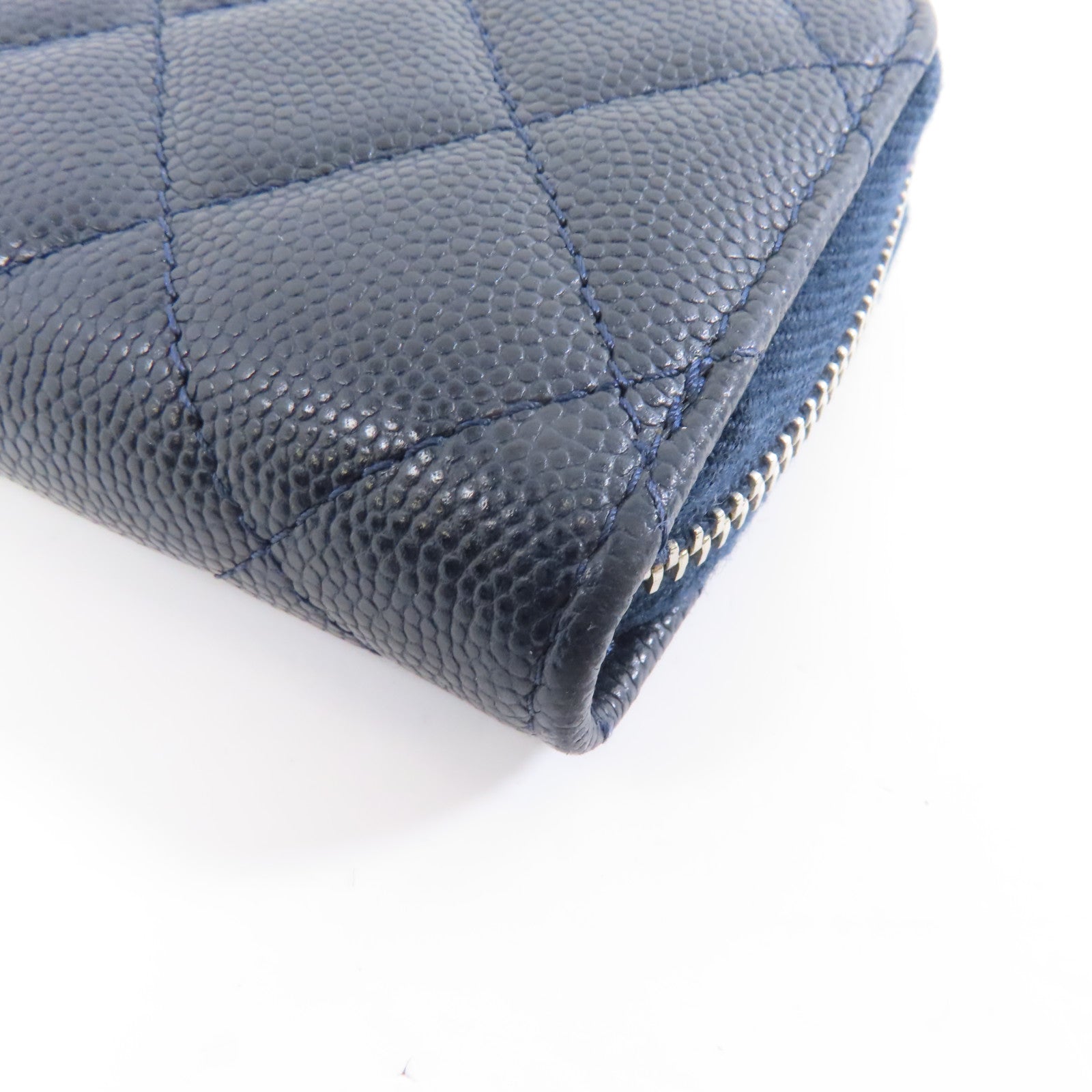 CHANEL 菱格Caviar皮革Coin/Card Purse銀扣零錢包/卡片套深藍色