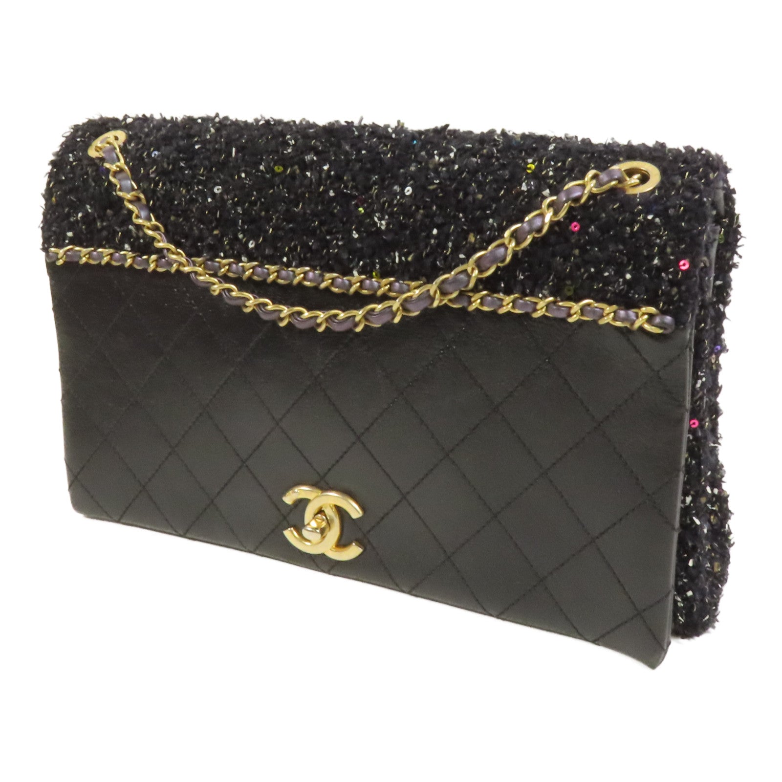 CHANEL Tweed/牛皮皮革2 Way Shoulder金扣鏈帶手挽肩背兩用袋