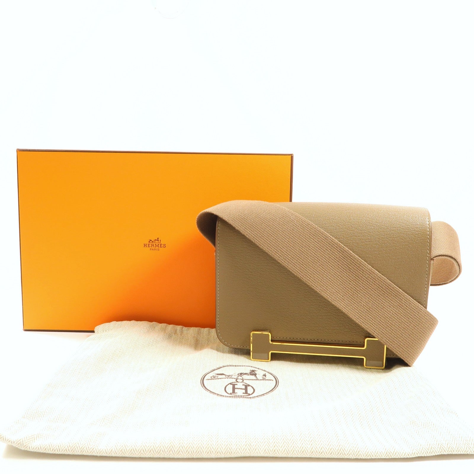 HERMES Chevre皮革Geta金扣肩背袋灰色