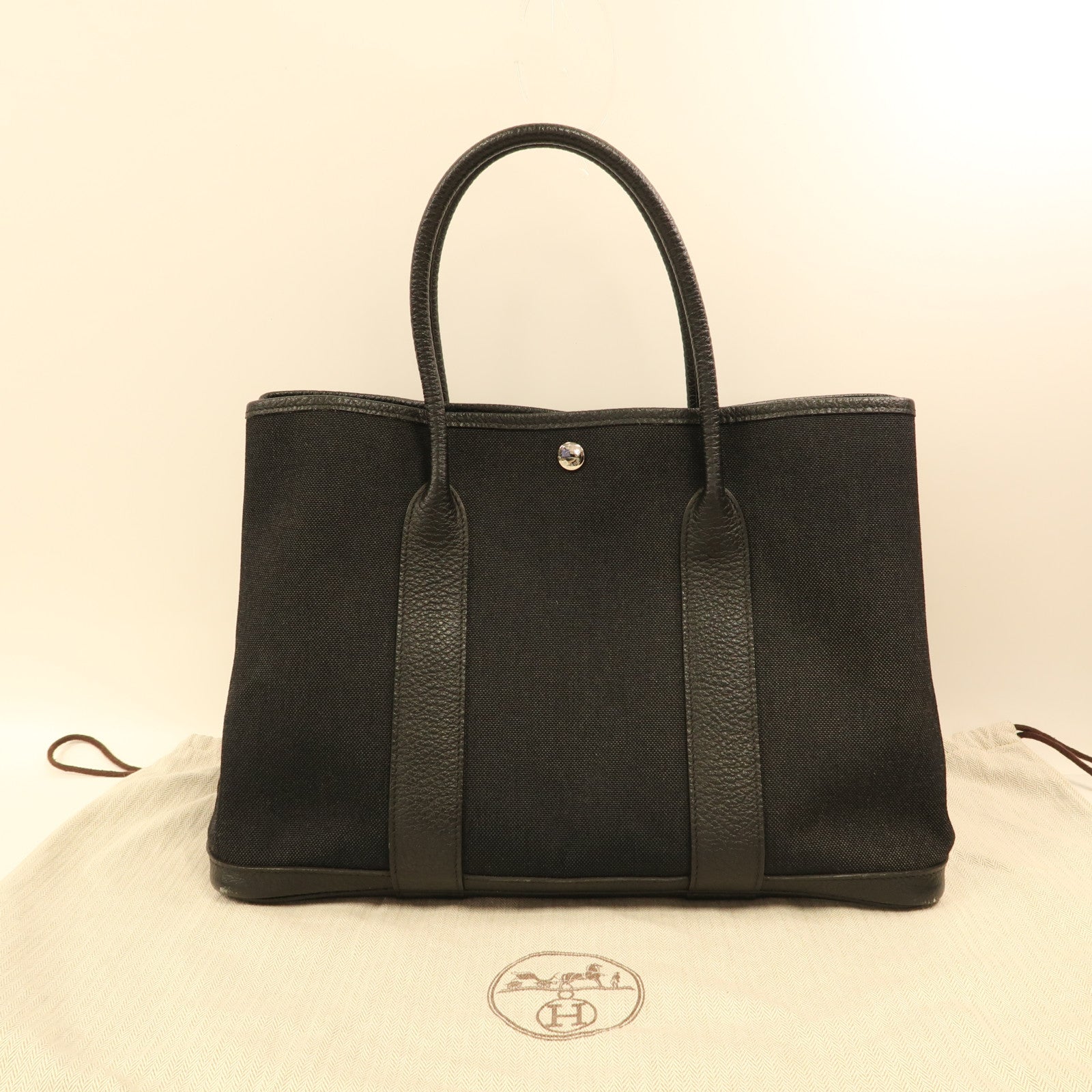 HERMES 帆布Garden Party PM銀扣手挽袋黑色