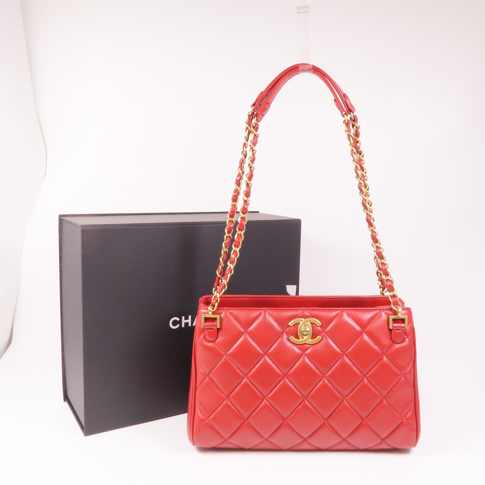 CHANEL CC GHW Materasse Chain Shoulder Bag Calfskin Leather Red