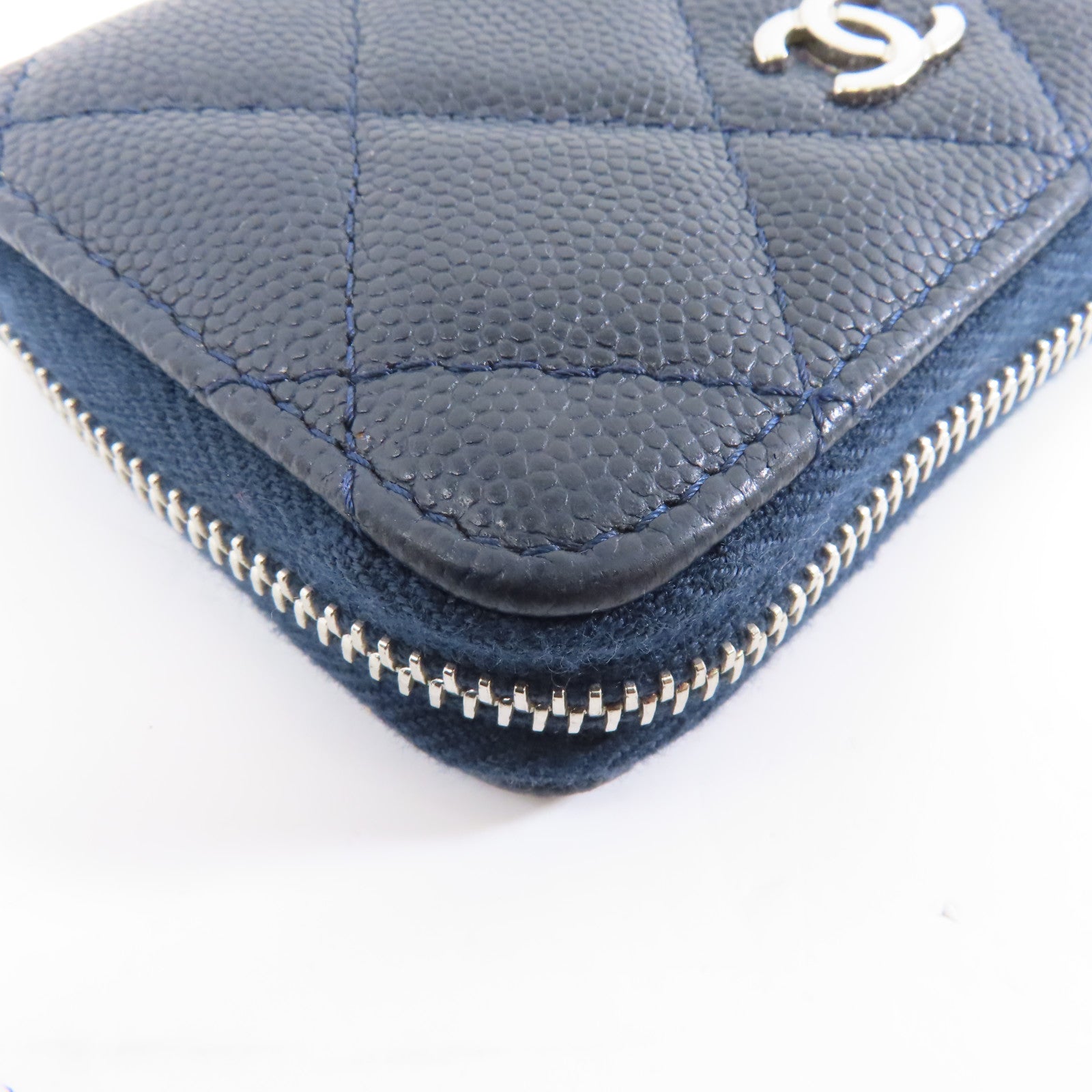 CHANEL 菱格Caviar皮革Coin/Card Purse銀扣零錢包/卡片套深藍色