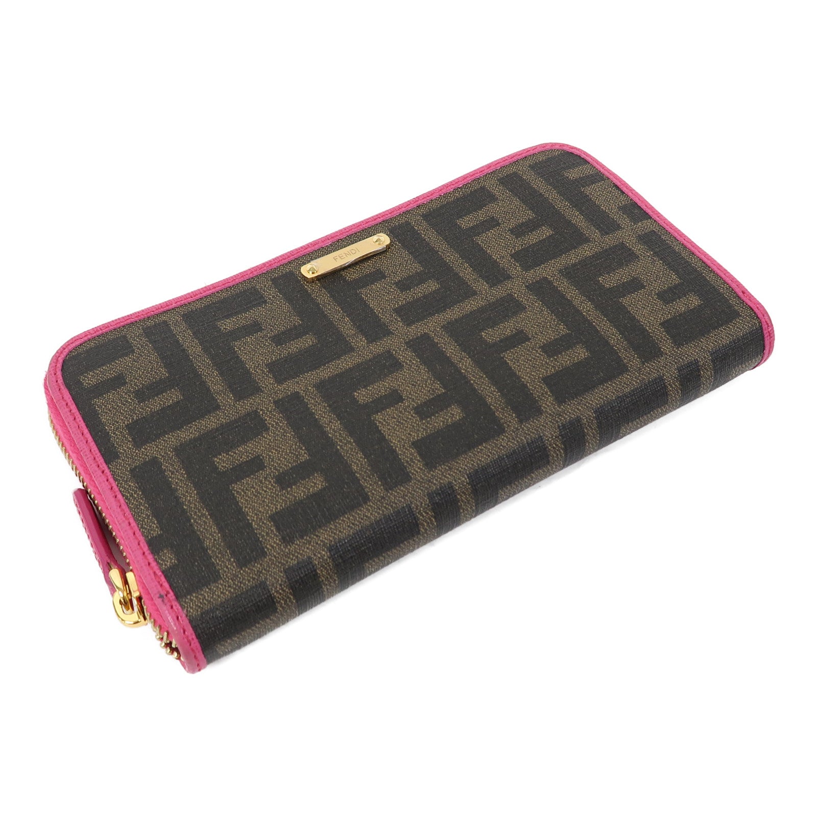FENDI 塗層帆布Zipper Long Wallet金扣長錢包啡色/粉紅色