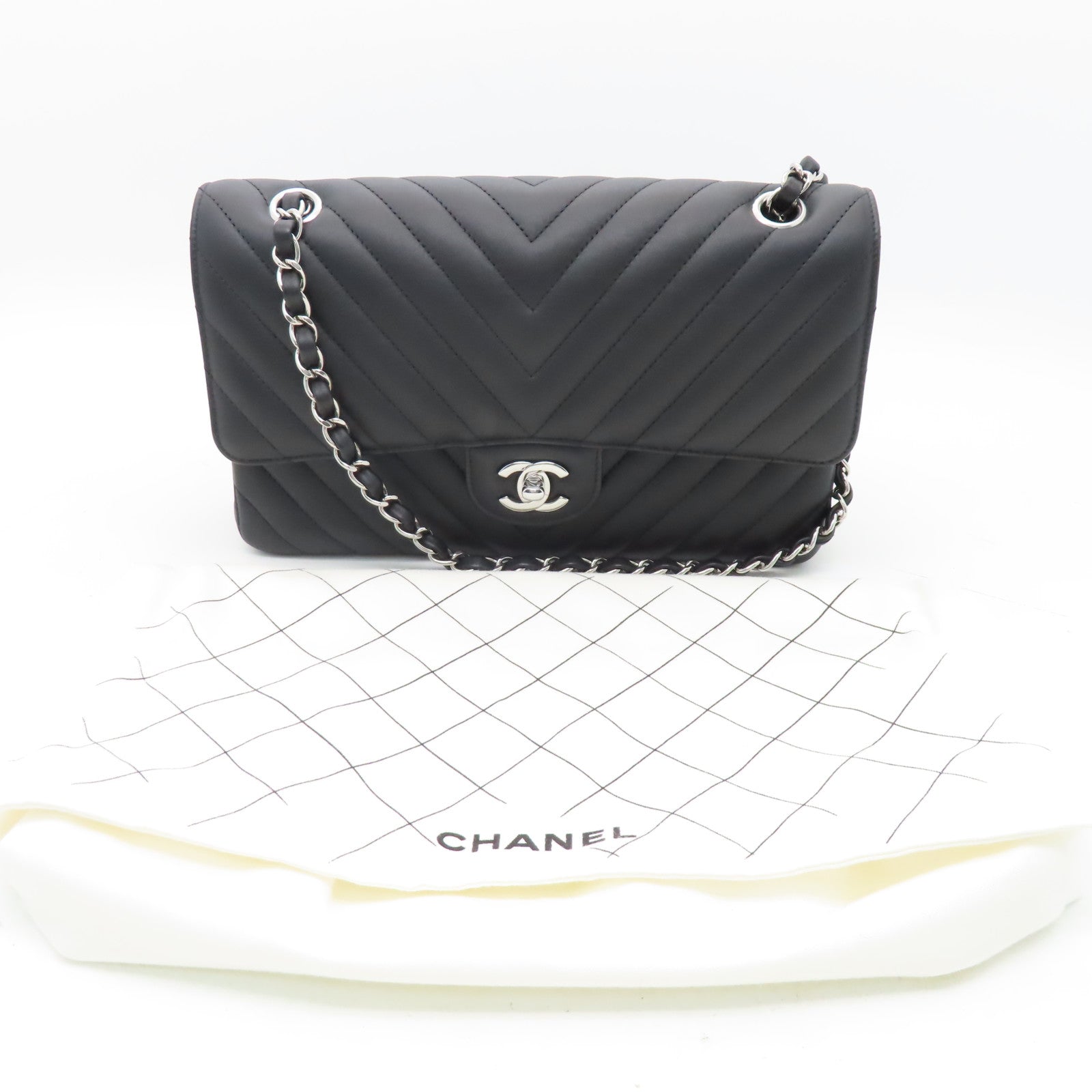 CHANEL 【激減優惠】斜紋牛皮皮革Chain Shoulder銀扣鏈帶肩背袋黑色