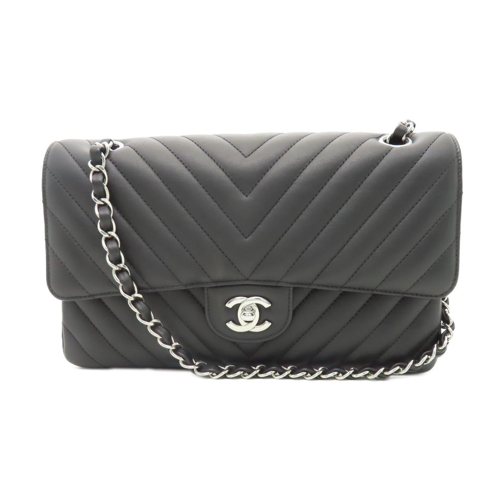 CHANEL 【激減優惠】斜紋牛皮皮革Chain Shoulder銀扣鏈帶肩背袋黑色