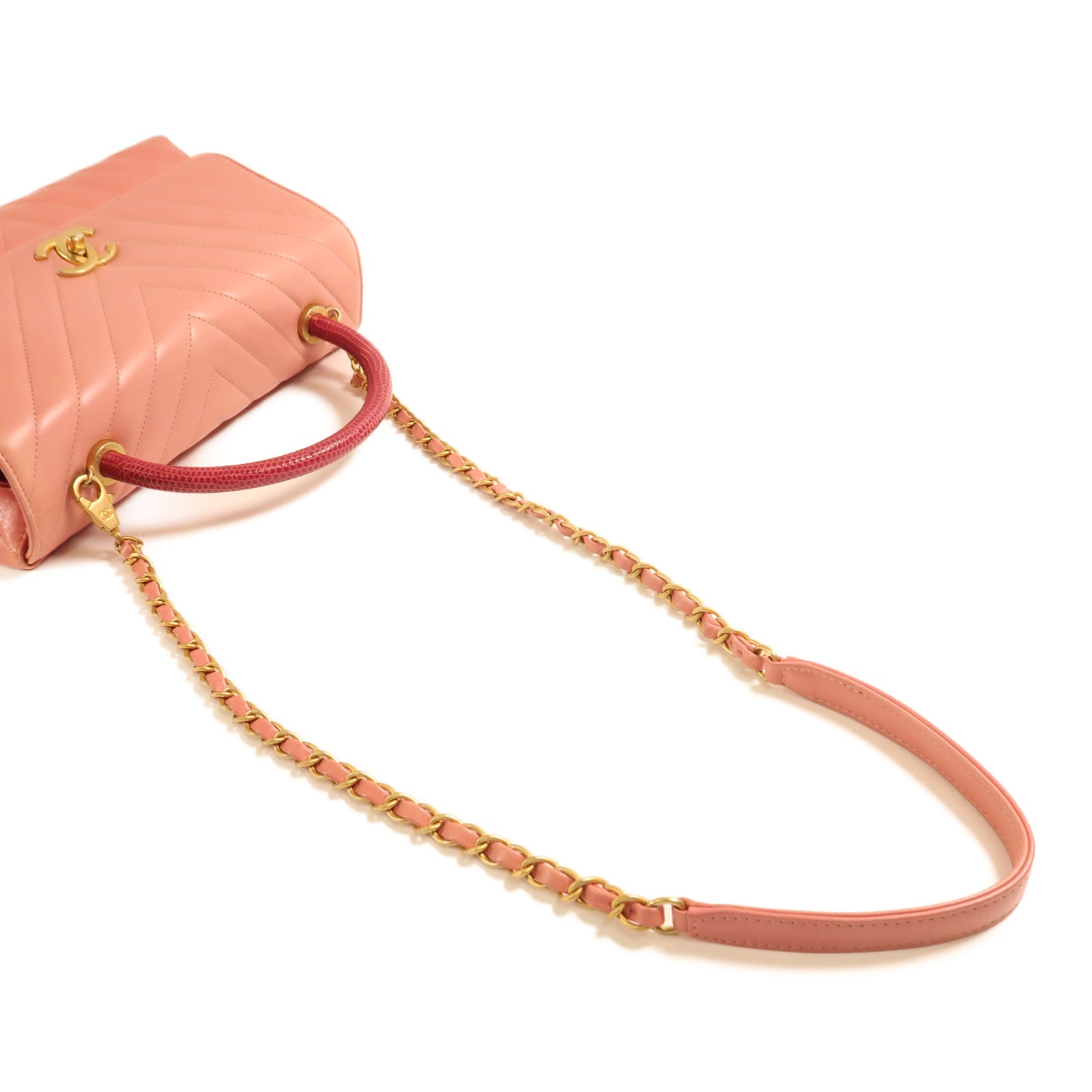 CHANEL 蜥蝪皮革/牛皮皮革Flap with Top Handle金扣手挽肩背兩用袋