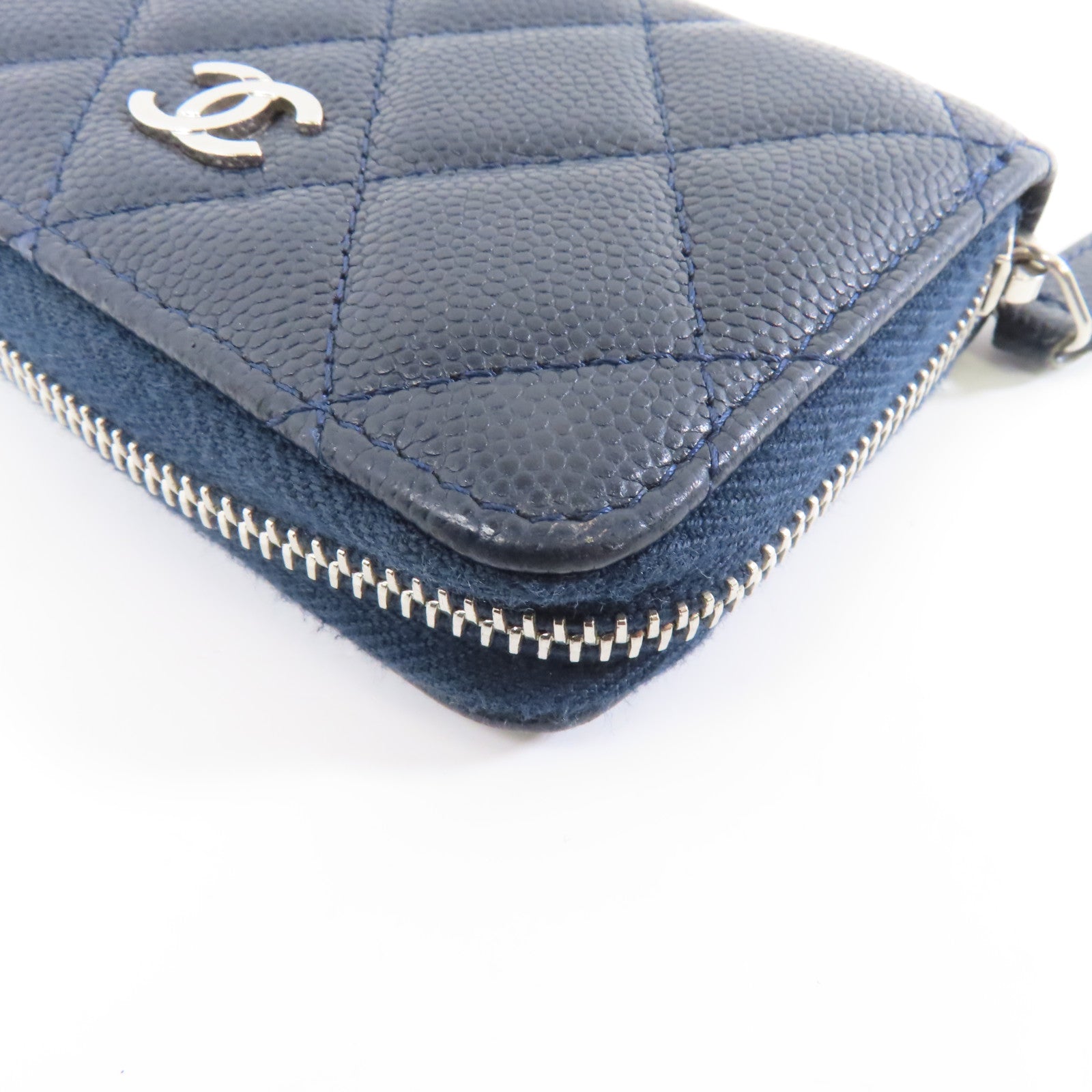 CHANEL 菱格Caviar皮革Coin/Card Purse銀扣零錢包/卡片套深藍色