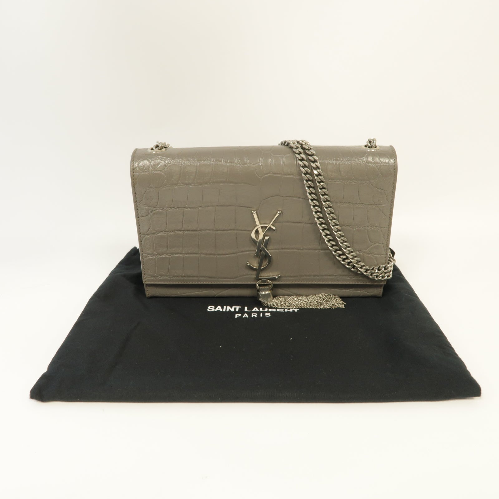YVES SAINT LAURENT 【激減優惠】牛皮皮革Shoulder Bag銀扣鏈帶肩背袋灰色