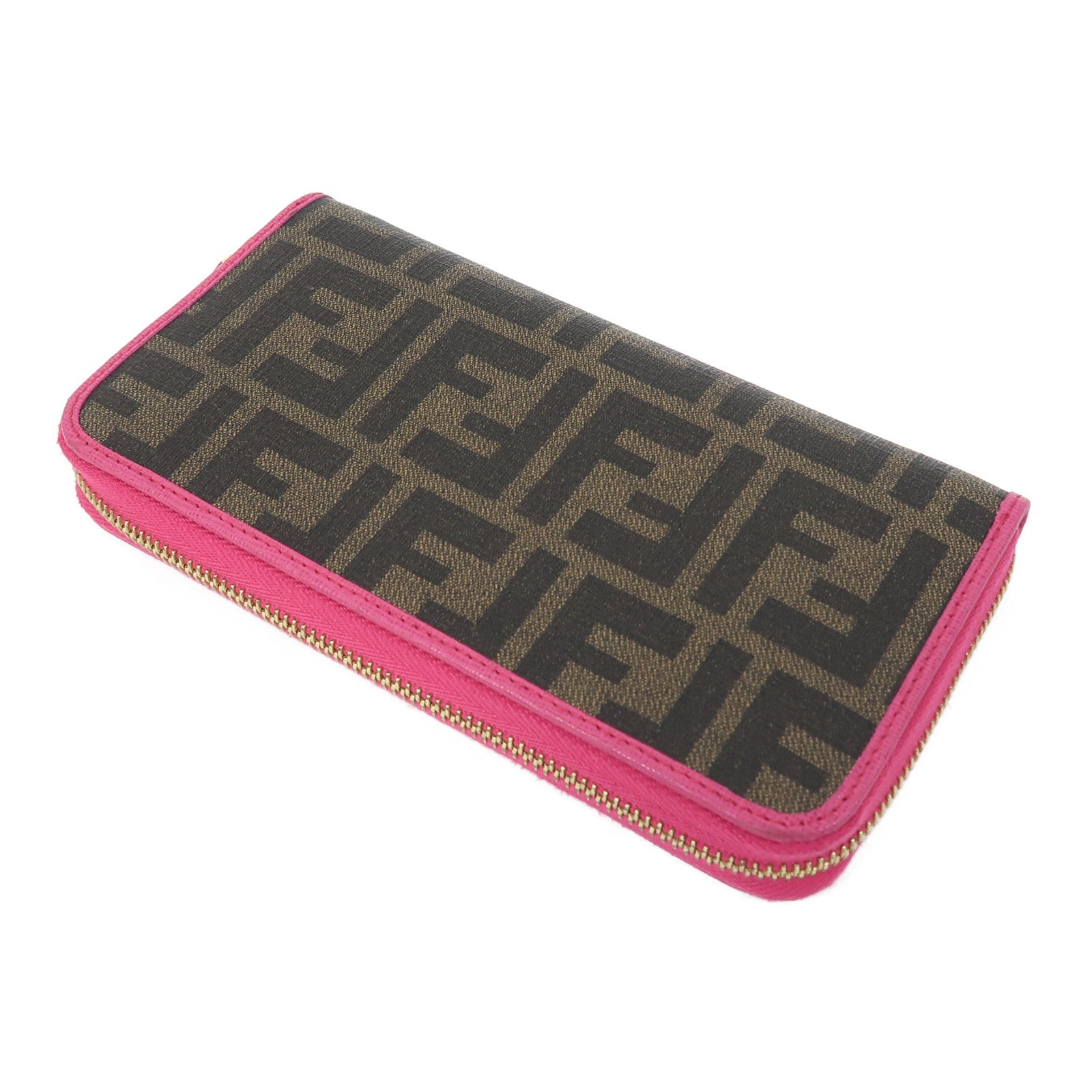FENDI 塗層帆布Zipper Long Wallet金扣長錢包啡色/粉紅色