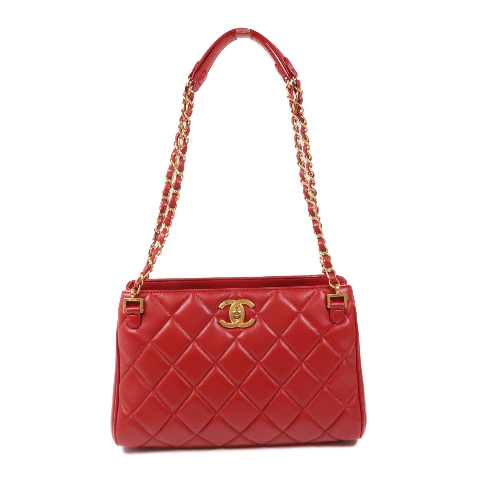 CHANEL CC GHW Materasse Chain Shoulder Bag Calfskin Leather Red