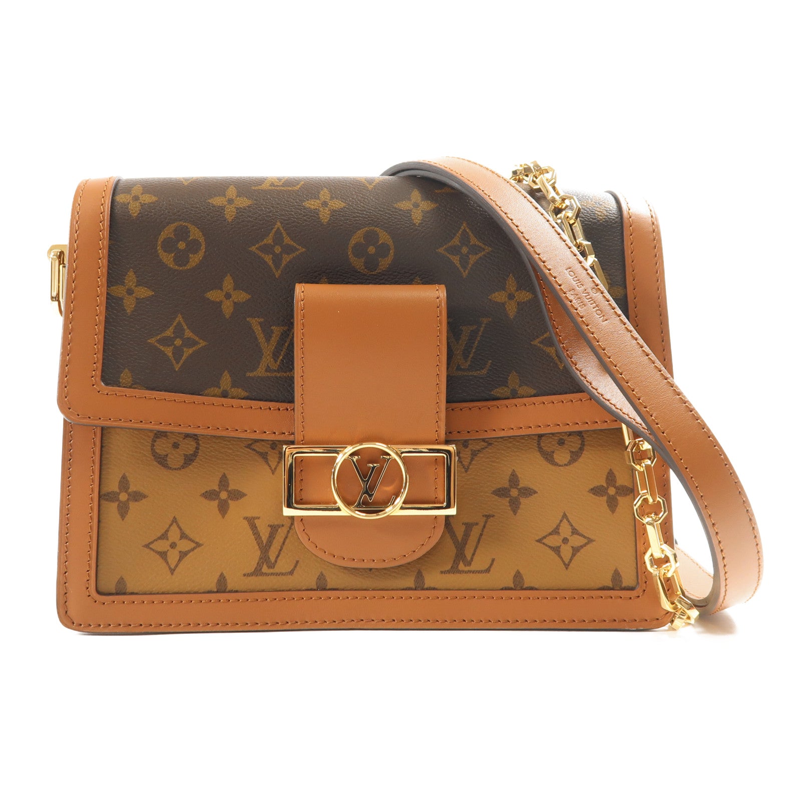 LOUIS VUITTON Monogram/Monogram Reverse Dauphine MM金扣手挽肩背兩用袋棕色