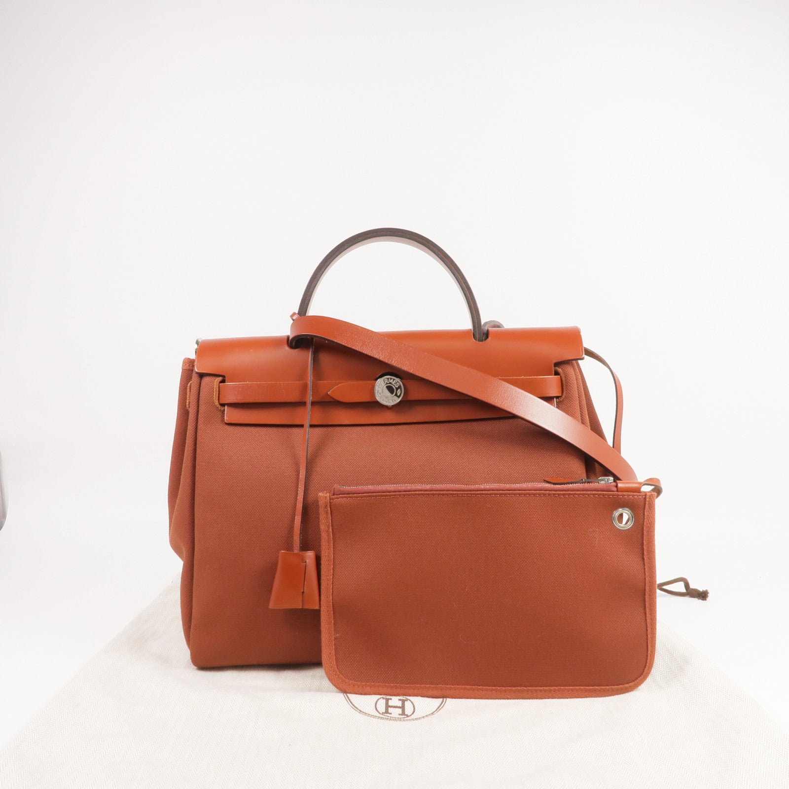 HERMES 【激減優惠】帆布Herbag PM銀扣手挽肩背兩用袋Rouge H