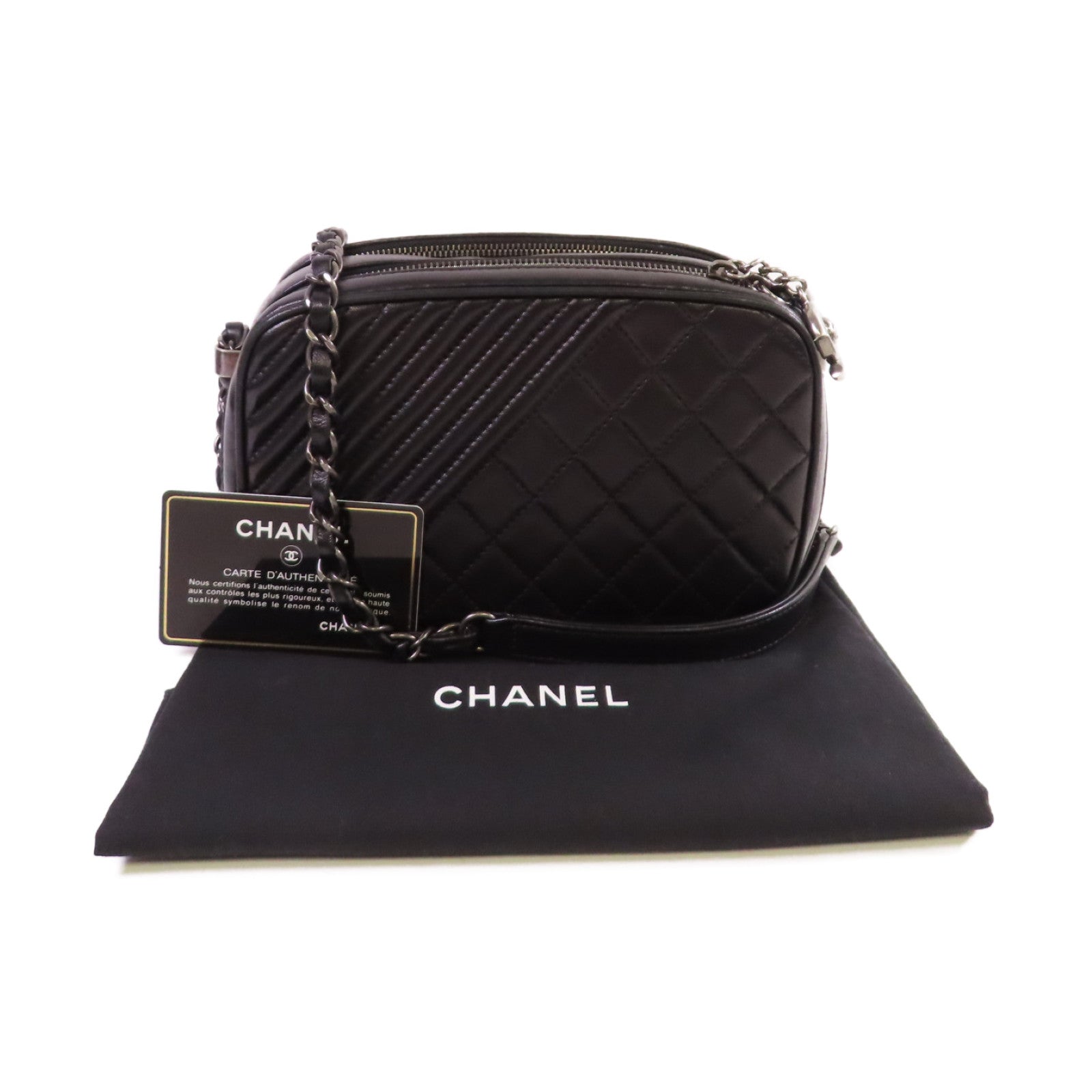 CHANEL 【激減優惠】斜紋/菱格牛皮皮革Coco Boy Camera Bag銀扣鏈帶肩背袋黑色