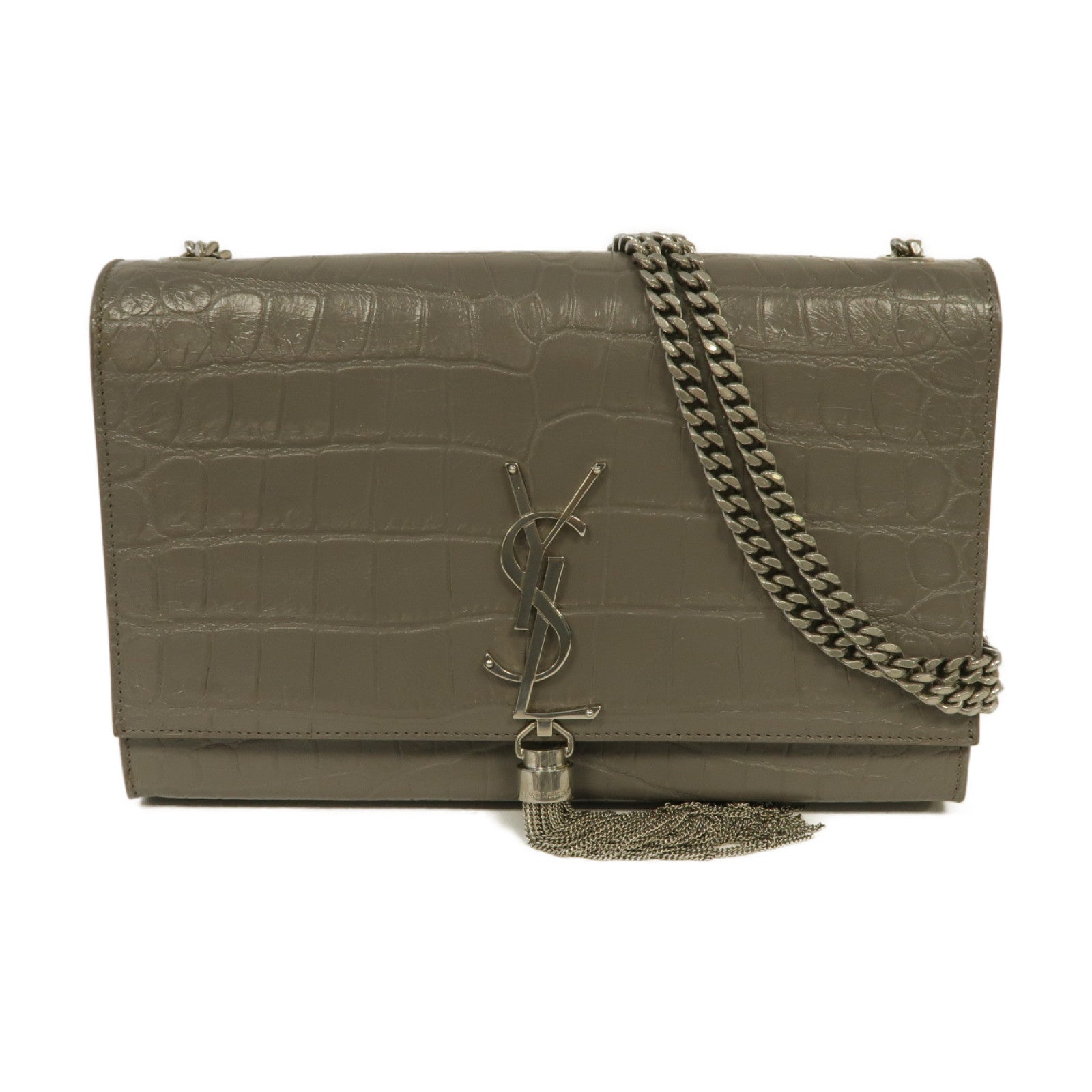 YVES SAINT LAURENT 【激減優惠】牛皮皮革Shoulder Bag銀扣鏈帶肩背袋灰色