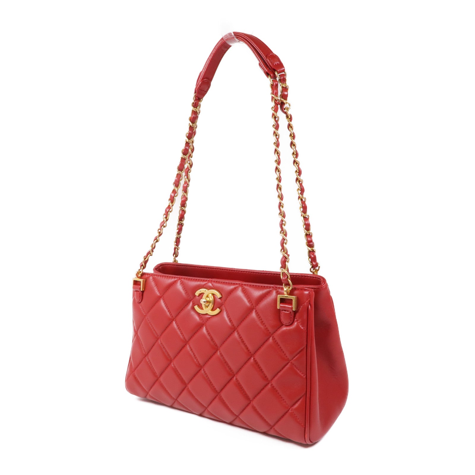 CHANEL CC GHW Materasse Chain Shoulder Bag Calfskin Leather Red