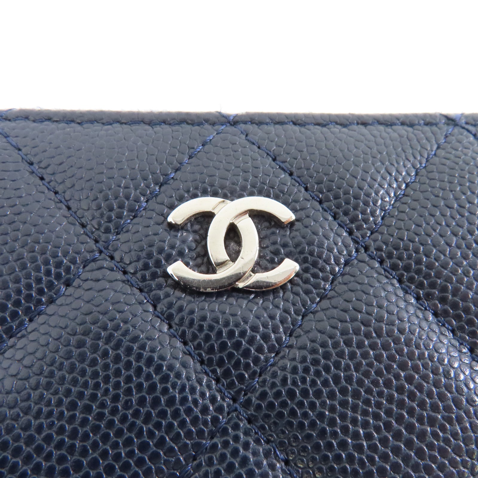 CHANEL 菱格Caviar皮革Coin/Card Purse銀扣零錢包/卡片套深藍色