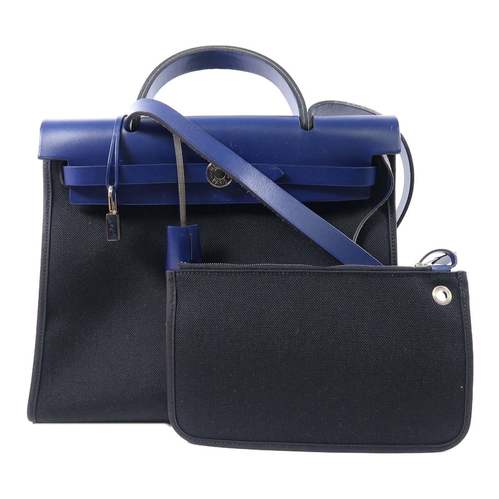 HERMES 帆布Herbag PM銀扣手挽肩背兩用袋黑色/藍色