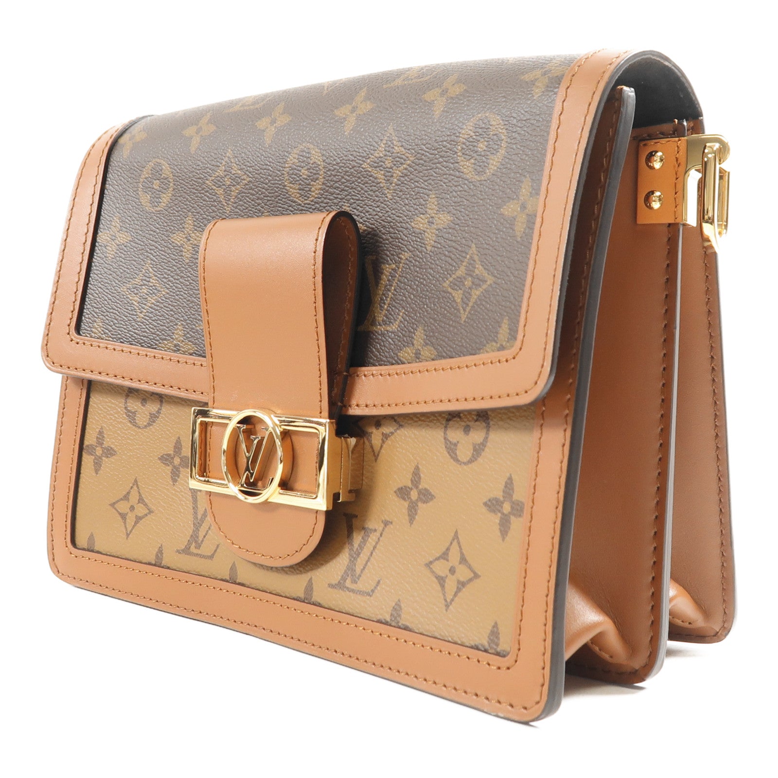 LOUIS VUITTON Monogram/Monogram Reverse Dauphine MM金扣手挽肩背兩用袋棕色