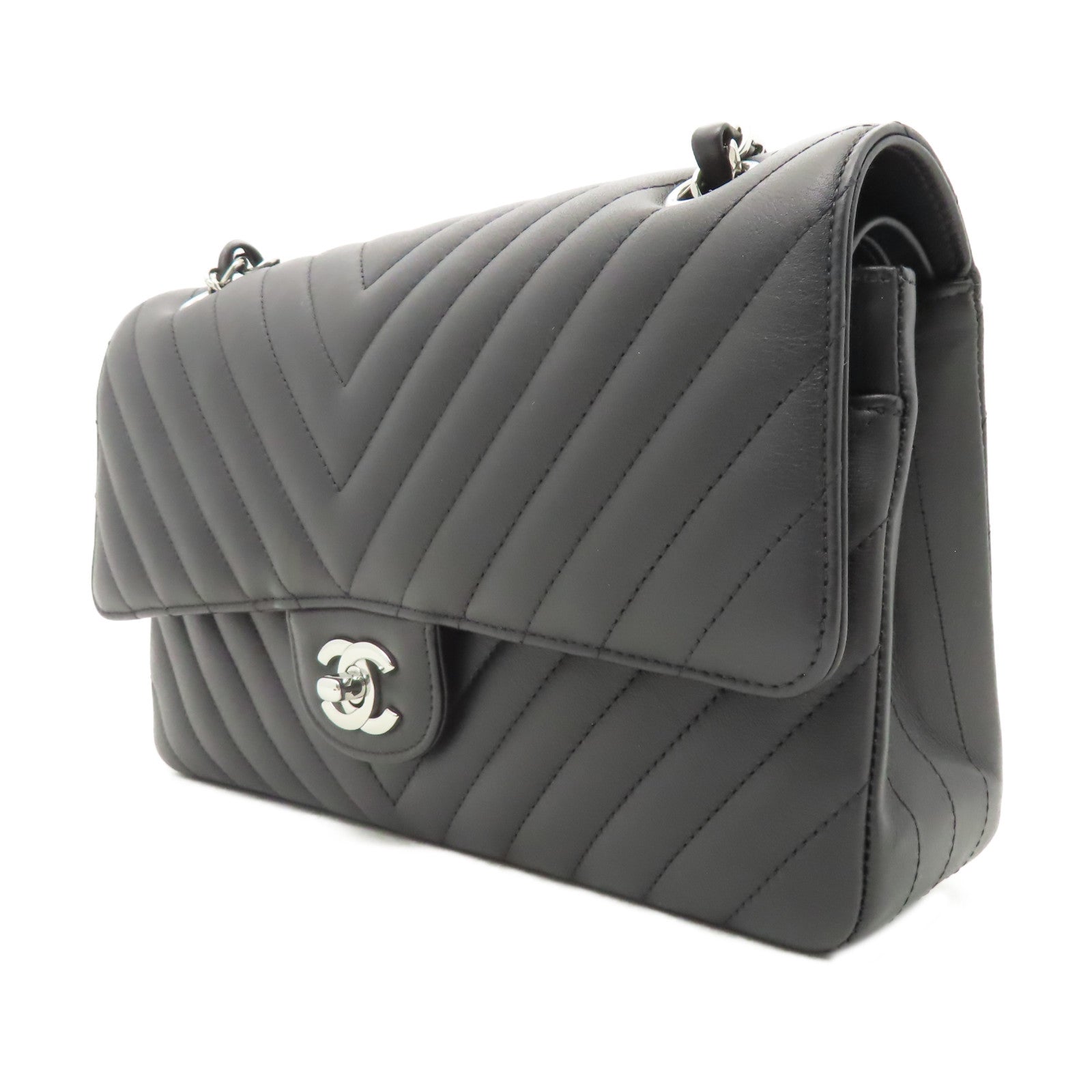 CHANEL 【激減優惠】斜紋牛皮皮革Chain Shoulder銀扣鏈帶肩背袋黑色