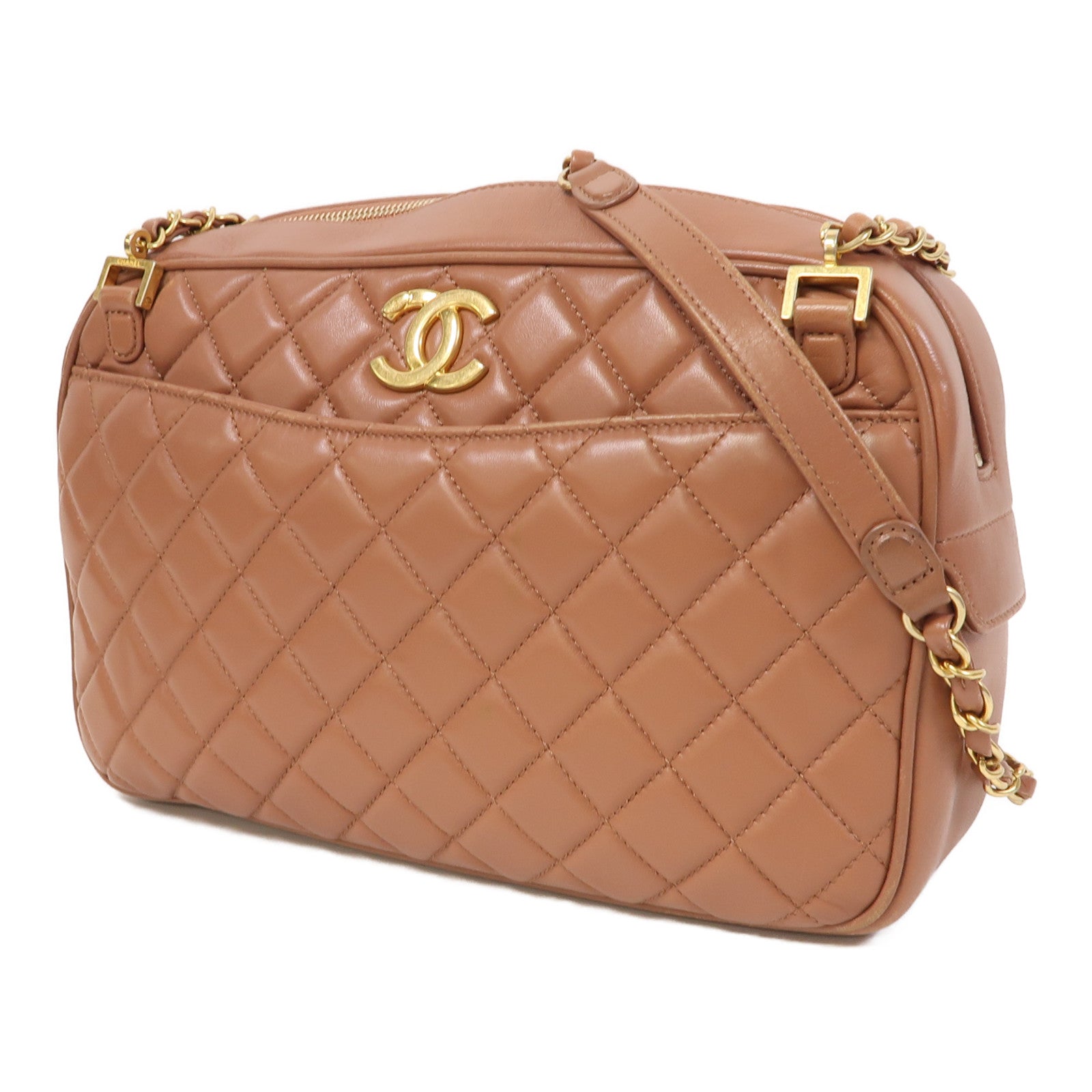CHANEL 菱格牛皮皮革Chain Shoulder金扣鏈帶肩背袋粉紅色