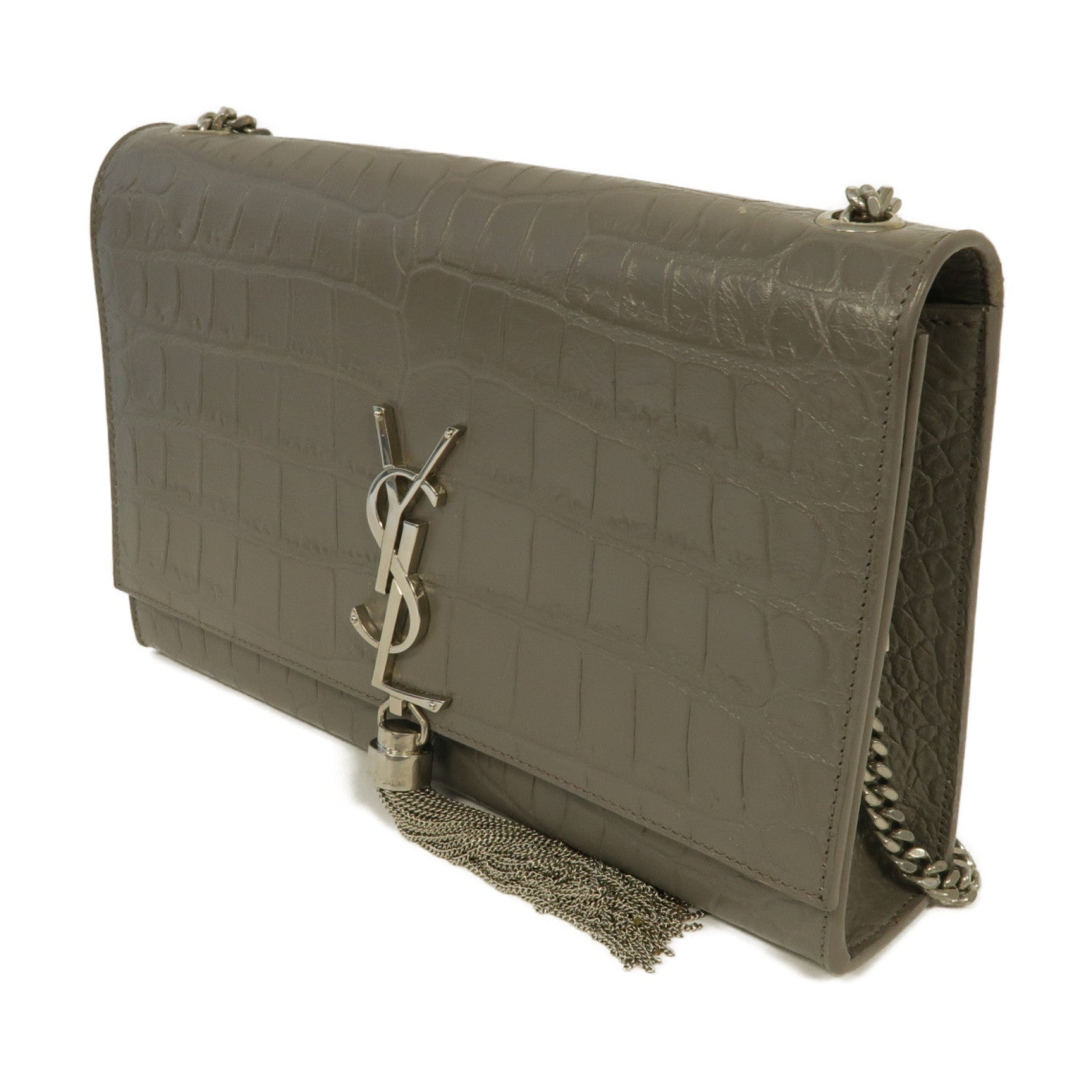 YVES SAINT LAURENT 【激減優惠】牛皮皮革Shoulder Bag銀扣鏈帶肩背袋灰色