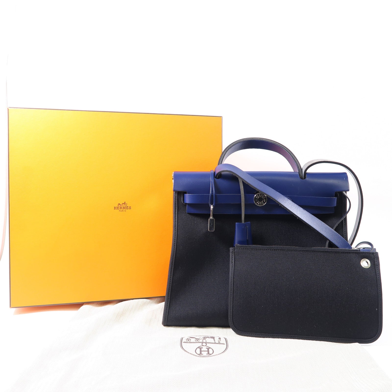 HERMES 帆布Herbag PM銀扣手挽肩背兩用袋黑色/藍色