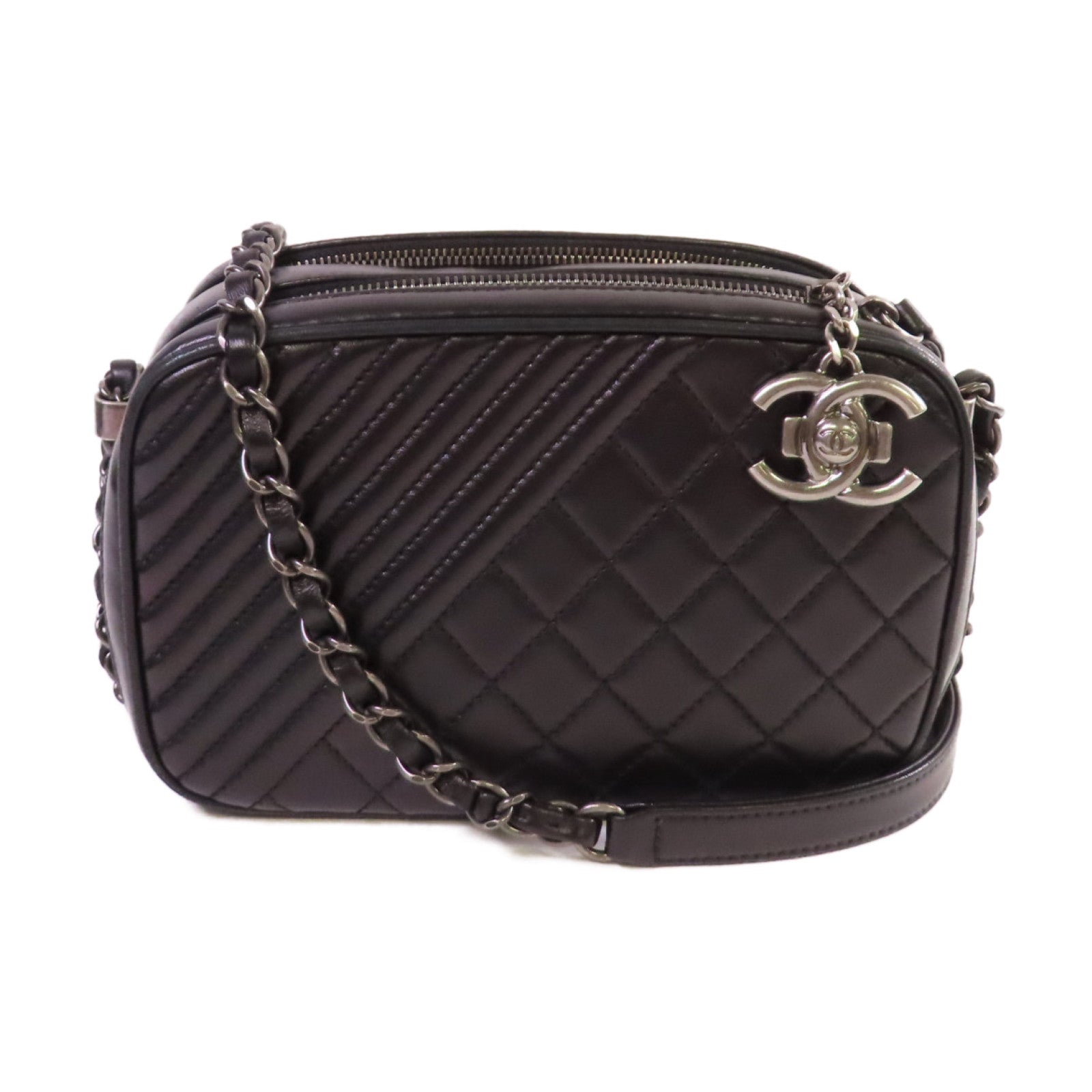 CHANEL 【激減優惠】斜紋/菱格牛皮皮革Coco Boy Camera Bag銀扣鏈帶肩背袋黑色