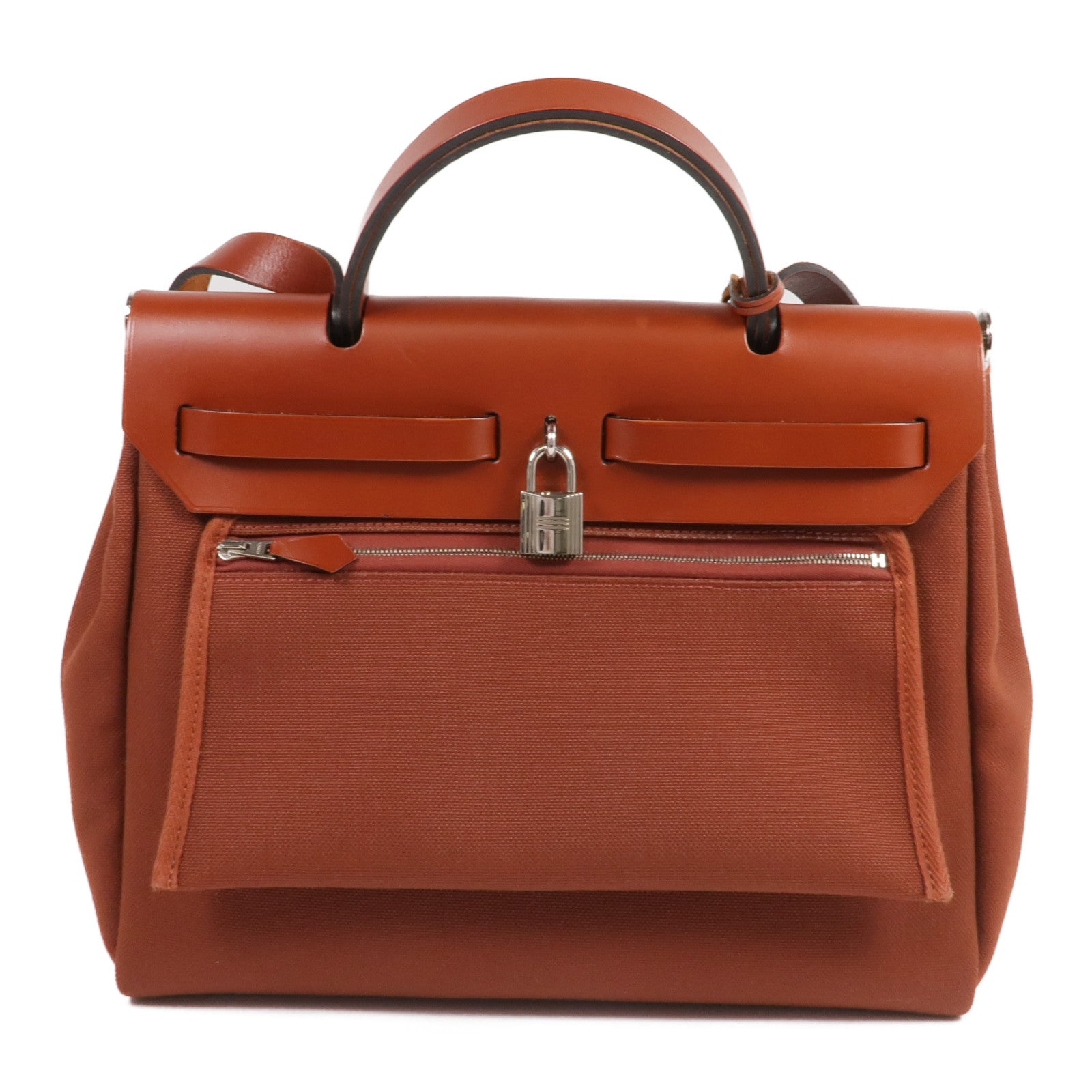 HERMES 【激減優惠】帆布Herbag PM銀扣手挽肩背兩用袋Rouge H
